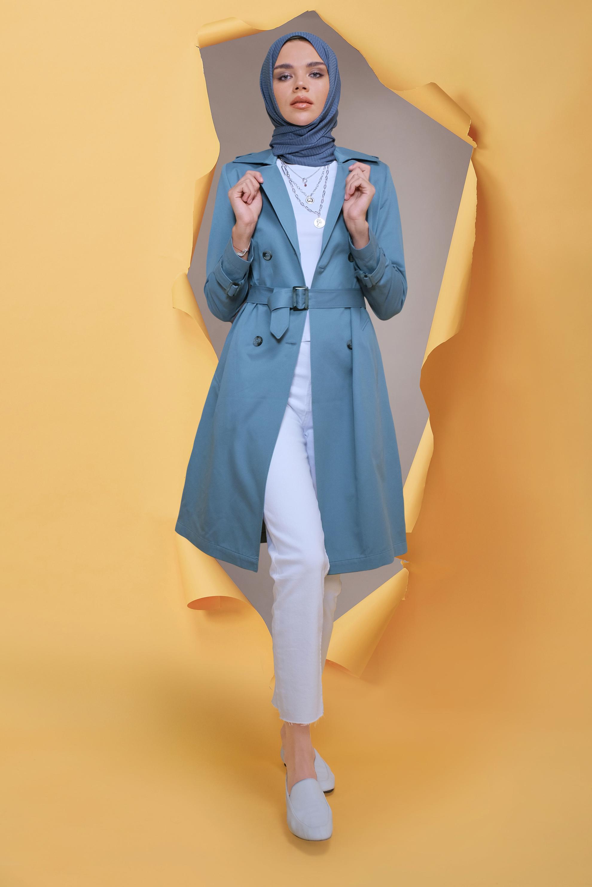 Tesettür giyim MAVİ PAMUKLU DÜĞMELİ TRENÇKOT 10410