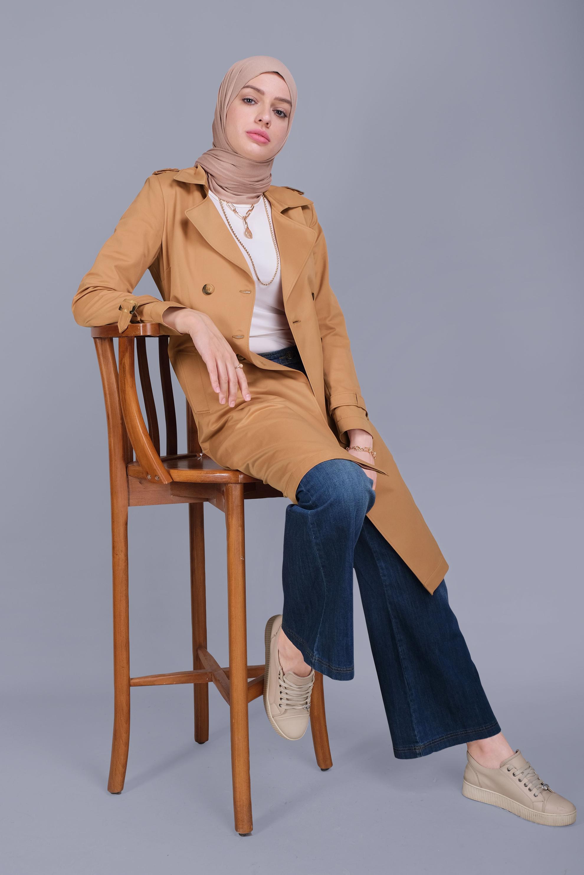 Tesettür giyim KAHVE PAMUKLU DÜĞMELİ TRENÇKOT 10410