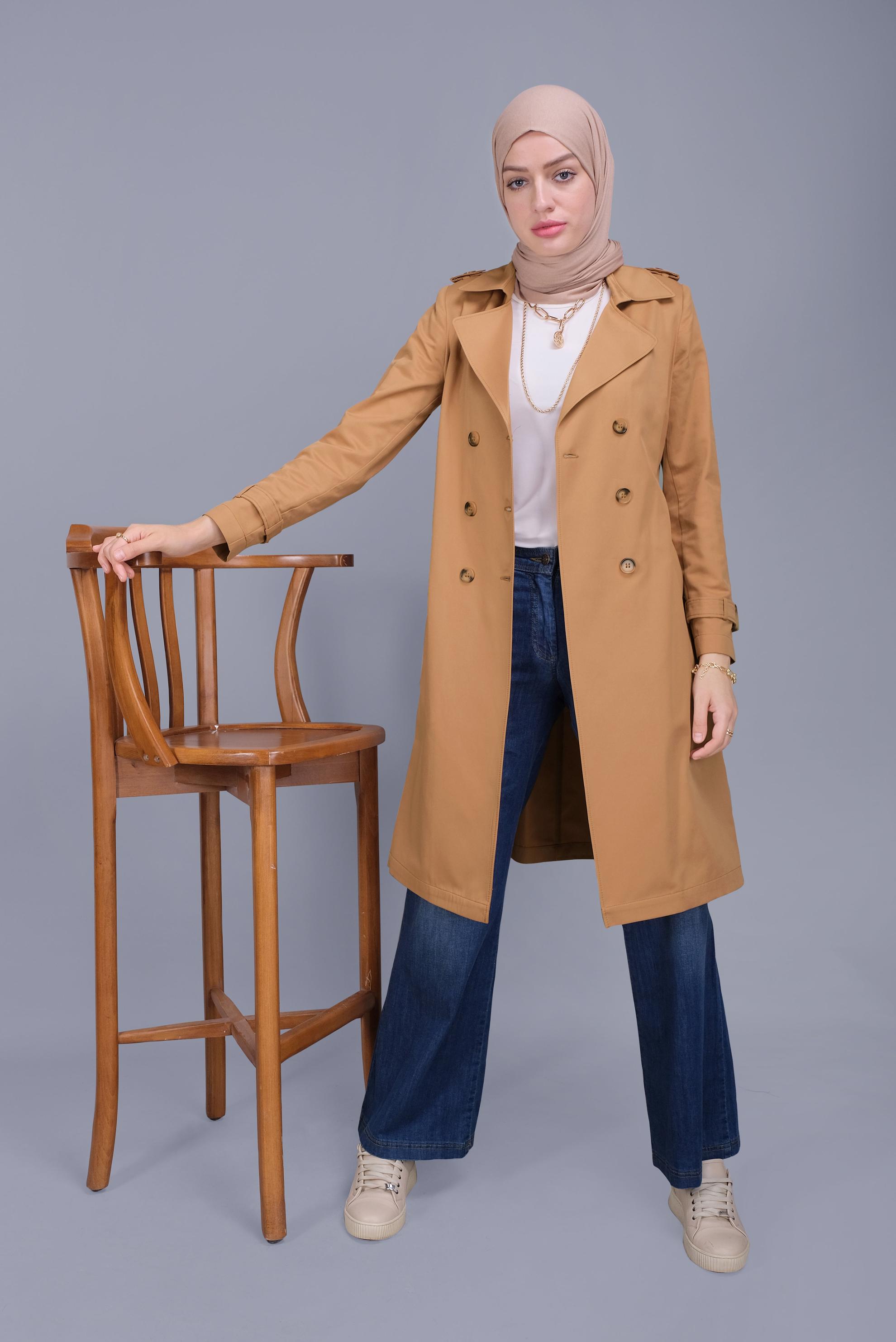 Tesettür giyim KAHVE PAMUKLU DÜĞMELİ TRENÇKOT 10410