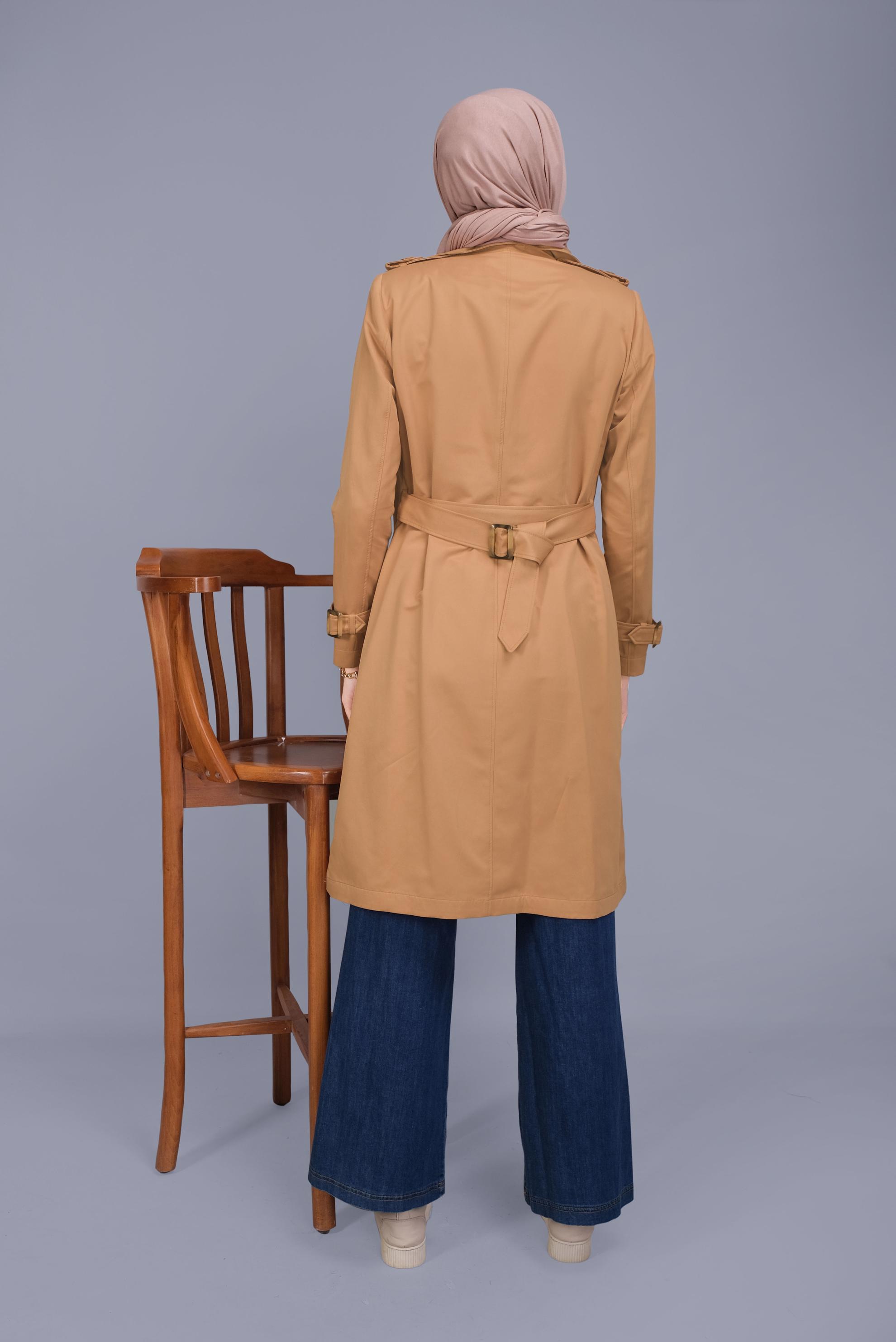 Tesettür giyim KAHVE PAMUKLU DÜĞMELİ TRENÇKOT 10410