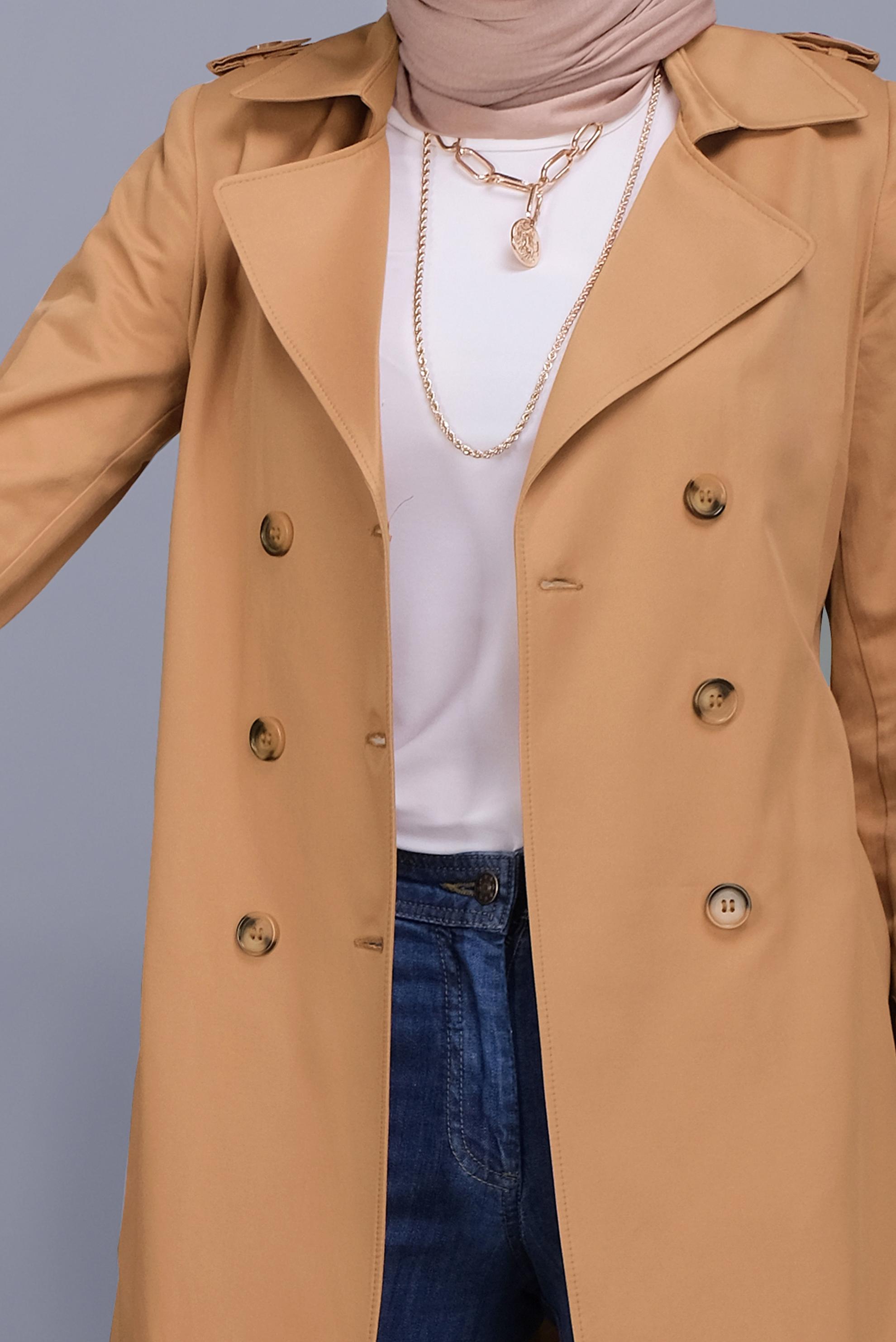 Tesettür giyim KAHVE PAMUKLU DÜĞMELİ TRENÇKOT 10410