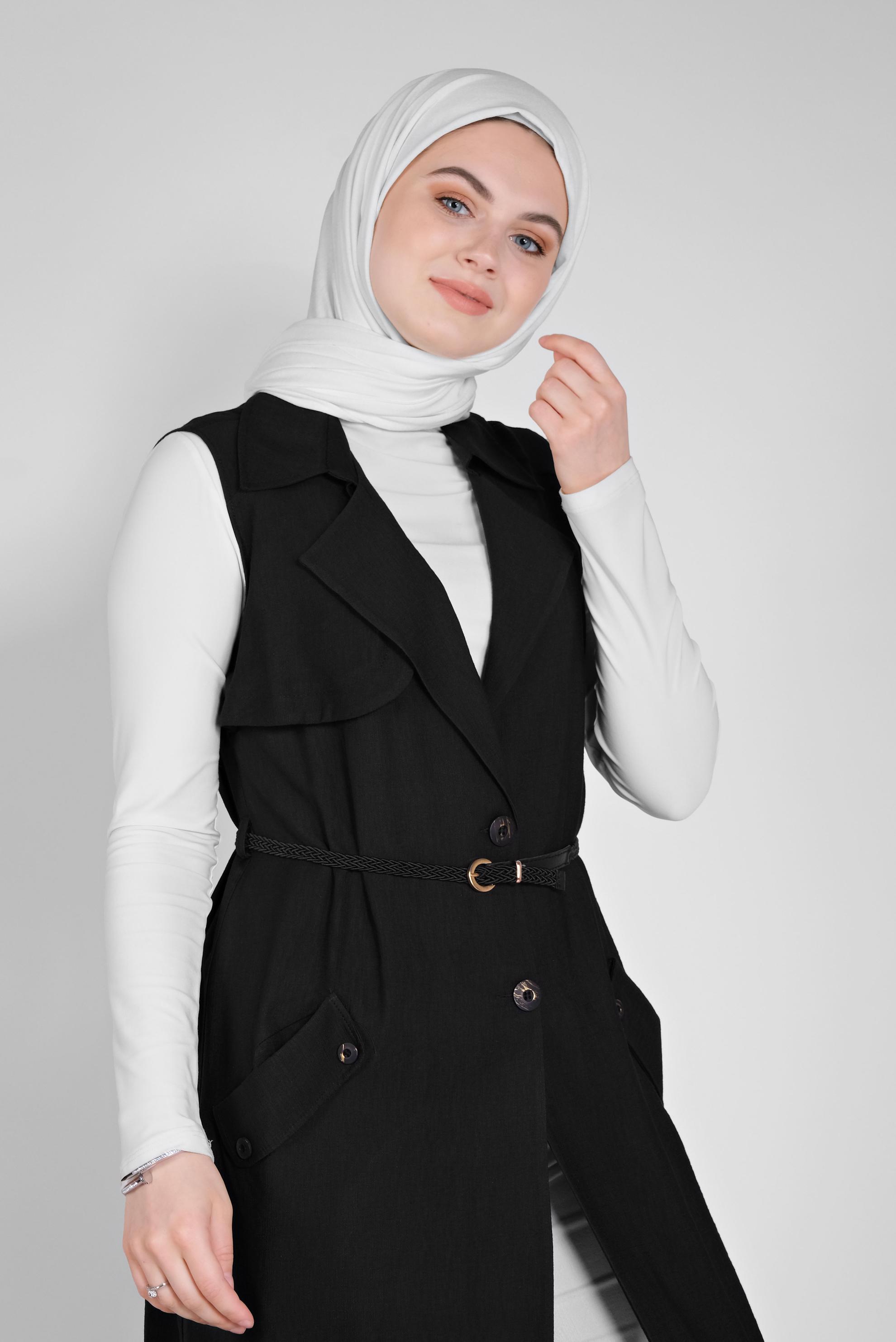 Tesettür giyim SİYAH KRUVAZE YAKA CEPLİ YELEK 41467