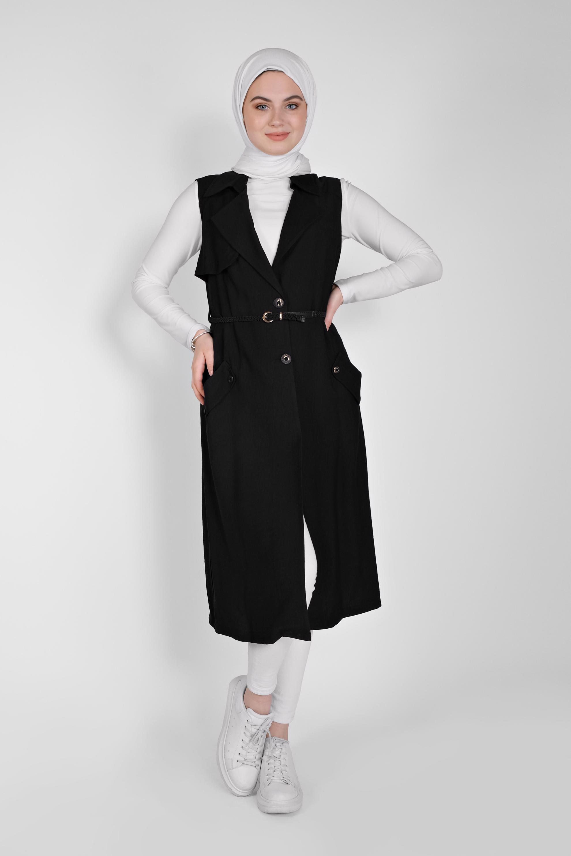 Tesettür giyim SİYAH KRUVAZE YAKA CEPLİ YELEK 41467