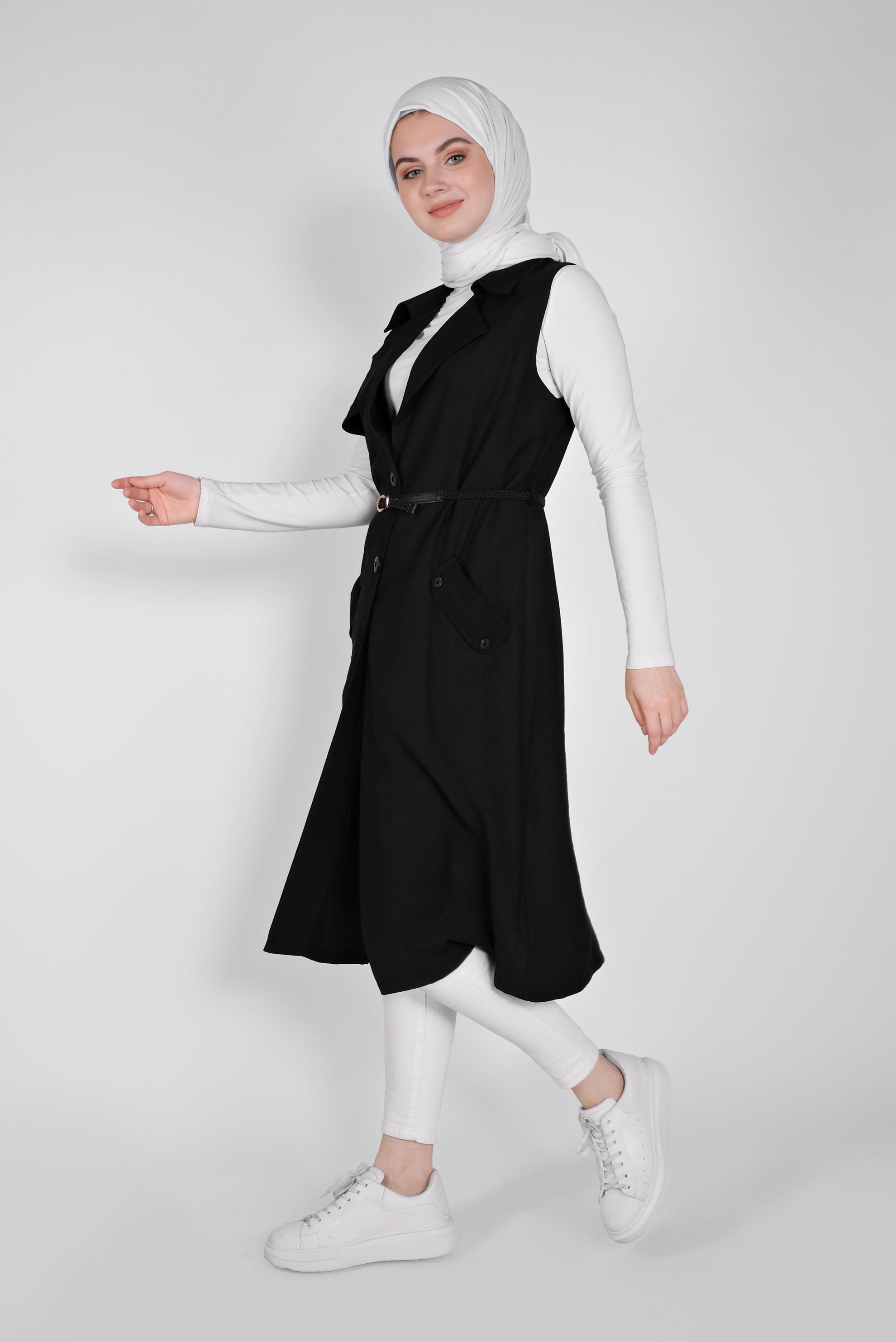 Tesettür giyim SİYAH KRUVAZE YAKA CEPLİ YELEK 41467