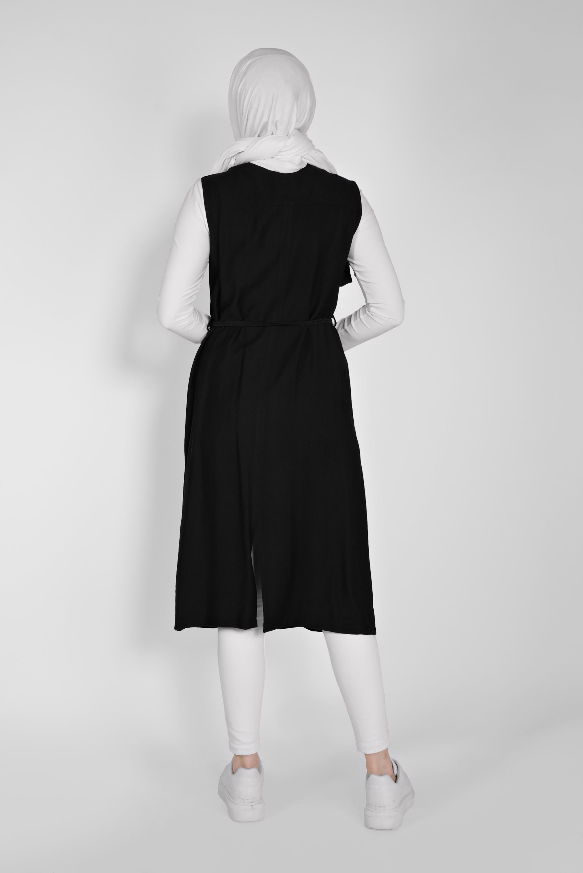 Tesettür giyim SİYAH KRUVAZE YAKA CEPLİ YELEK 41467