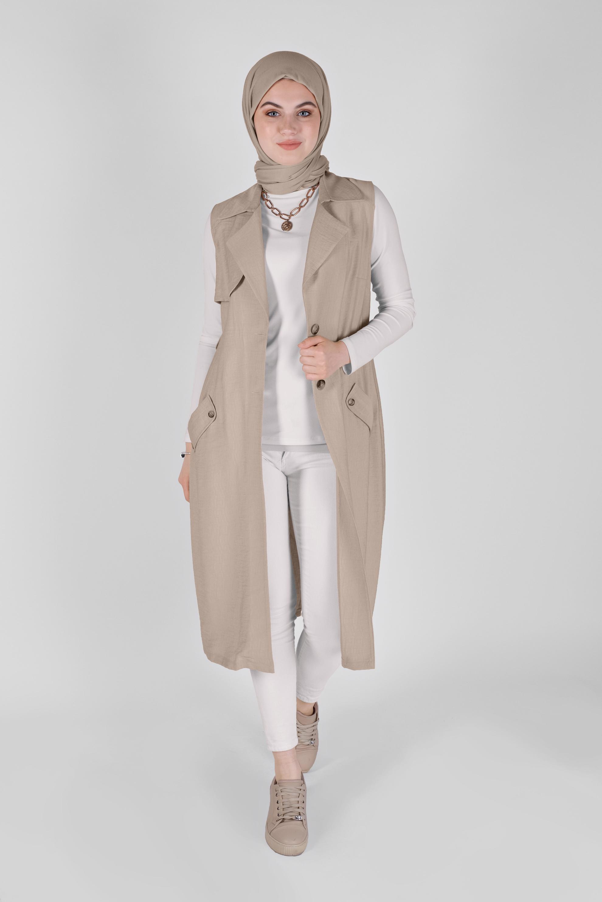 Tesettür giyim BEJ KRUVAZE YAKA CEPLİ YELEK 41467