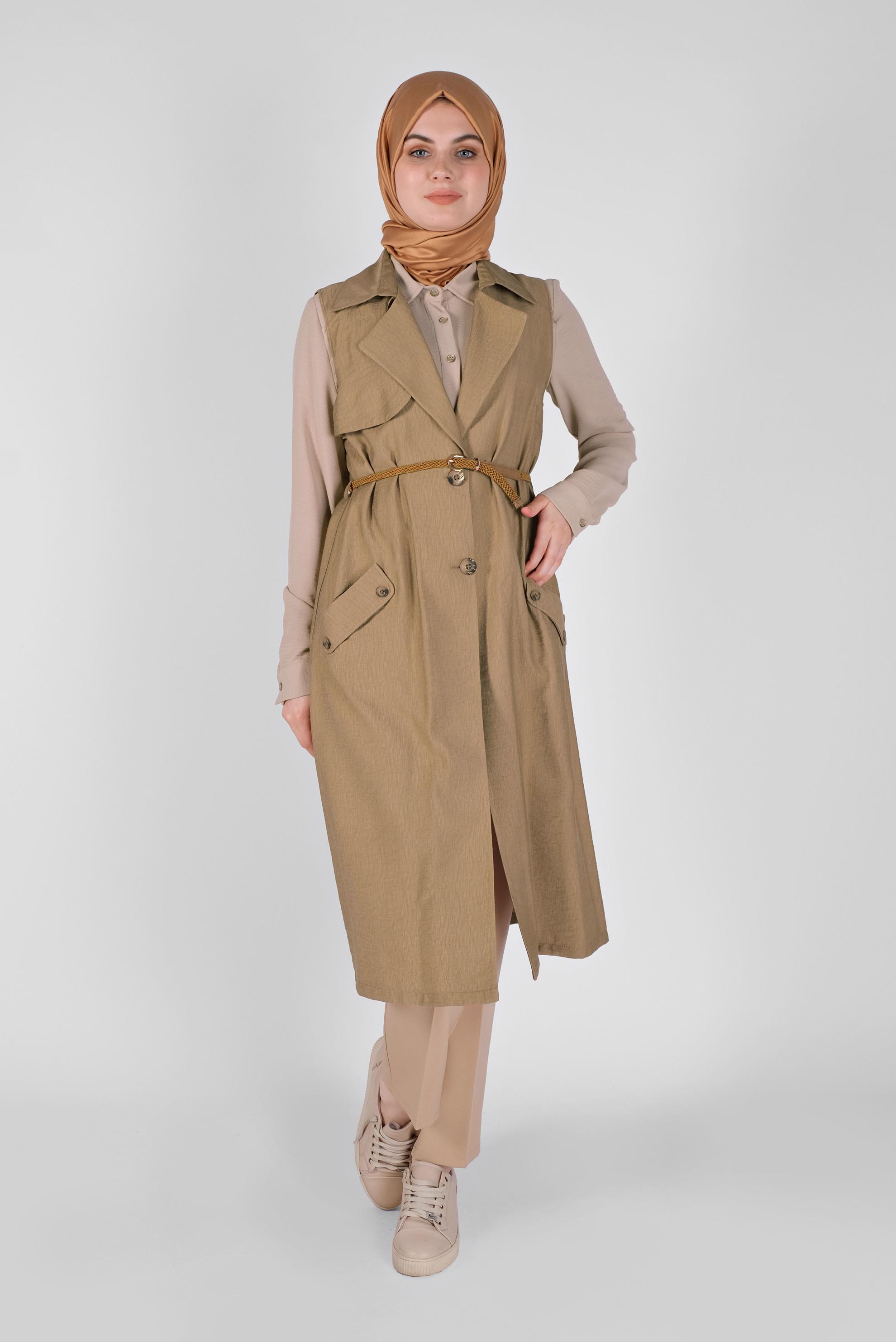 Tesettür giyim KAHVE KRUVAZE YAKA CEPLİ YELEK 41467