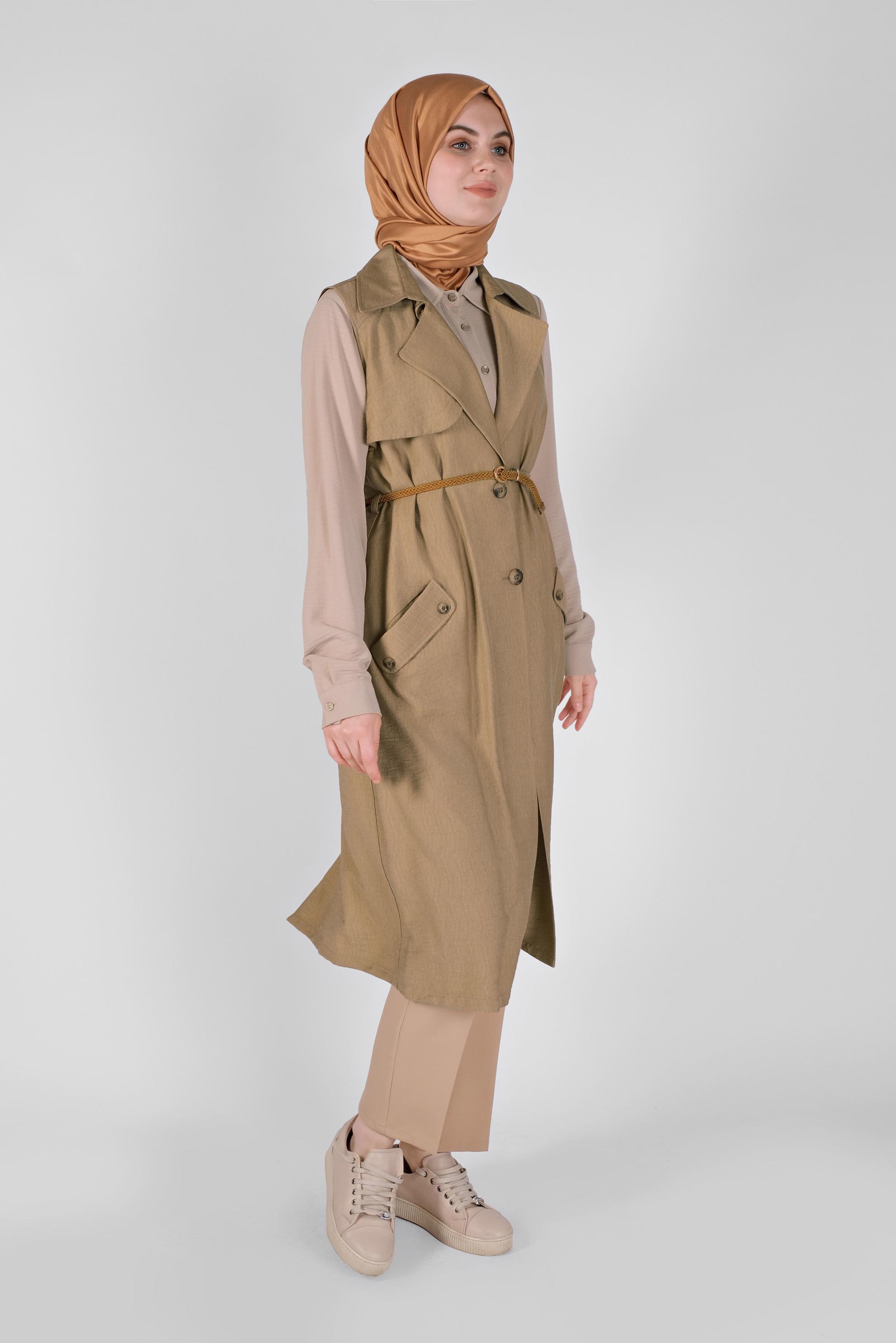Tesettür giyim KAHVE KRUVAZE YAKA CEPLİ YELEK 41467