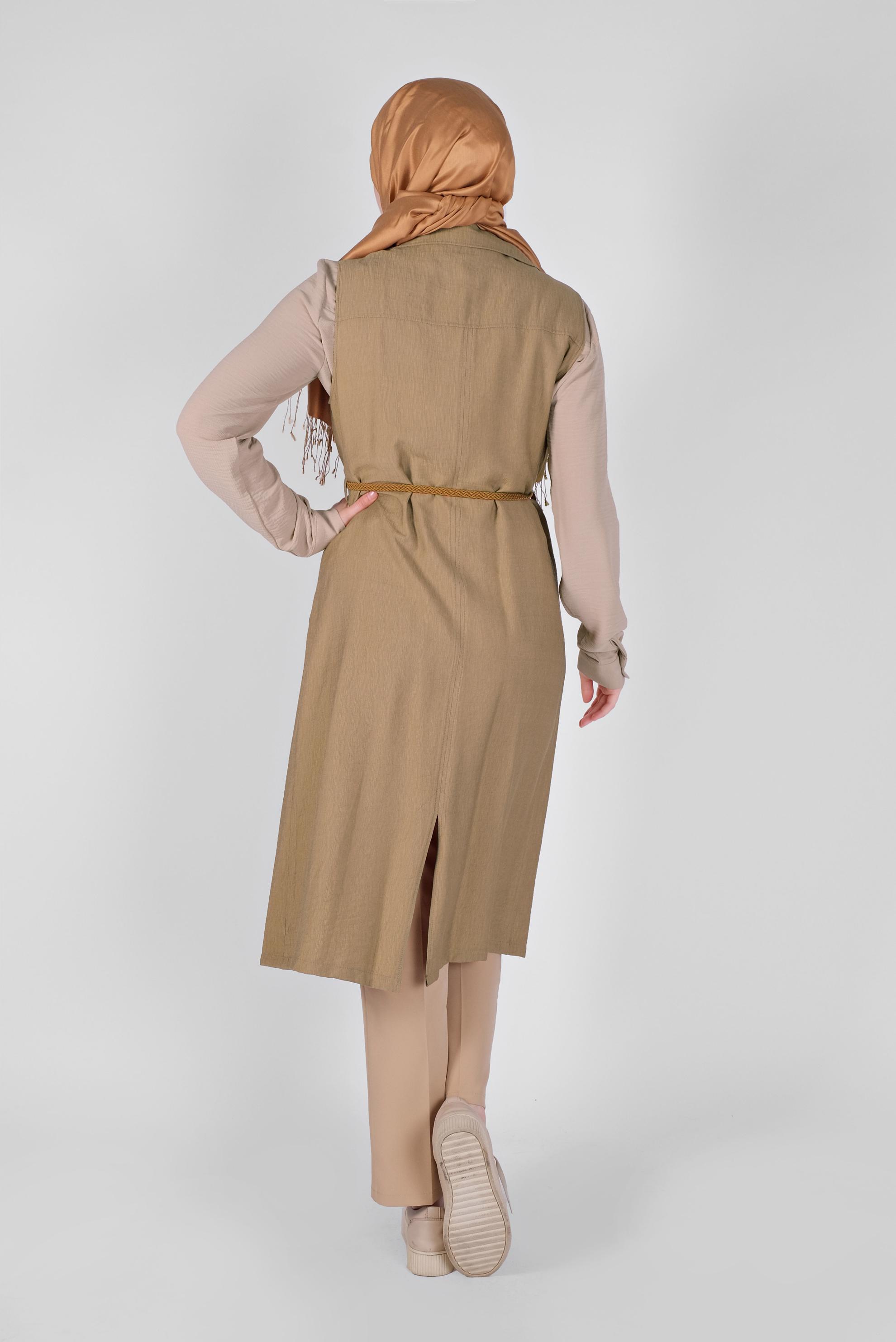 Tesettür giyim KAHVE KRUVAZE YAKA CEPLİ YELEK 41467