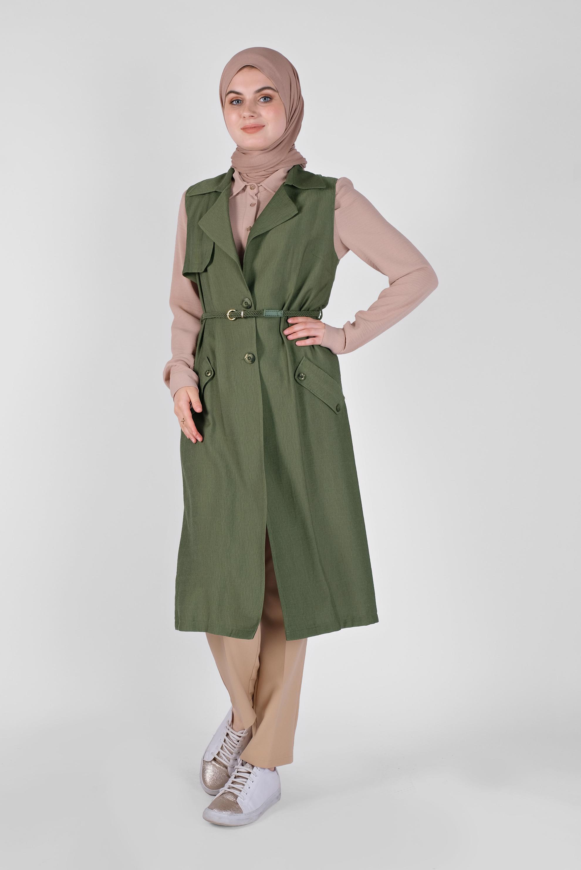 Tesettür giyim HAKİ KRUVAZE YAKA CEPLİ YELEK 41467