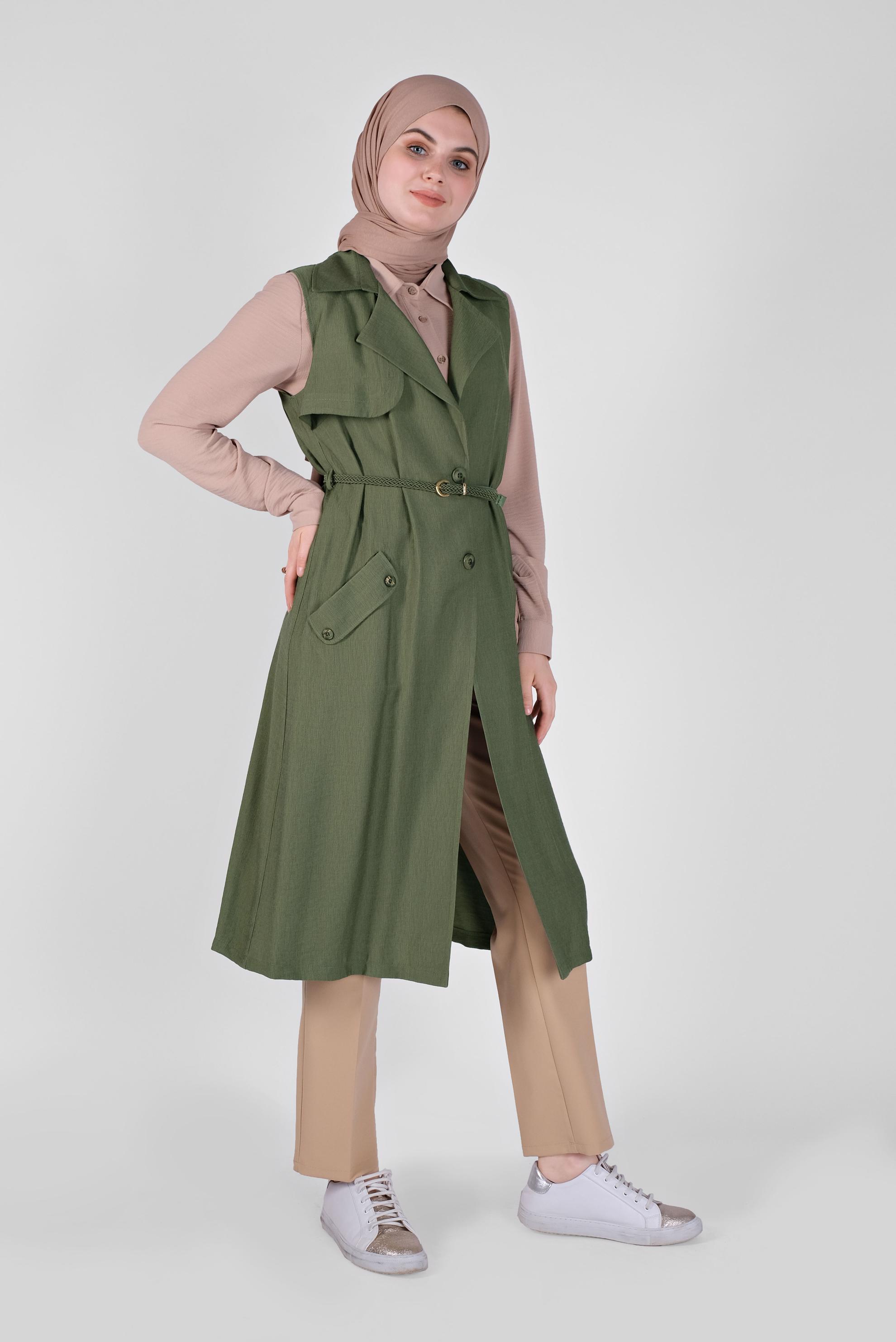 Tesettür giyim HAKİ KRUVAZE YAKA CEPLİ YELEK 41467