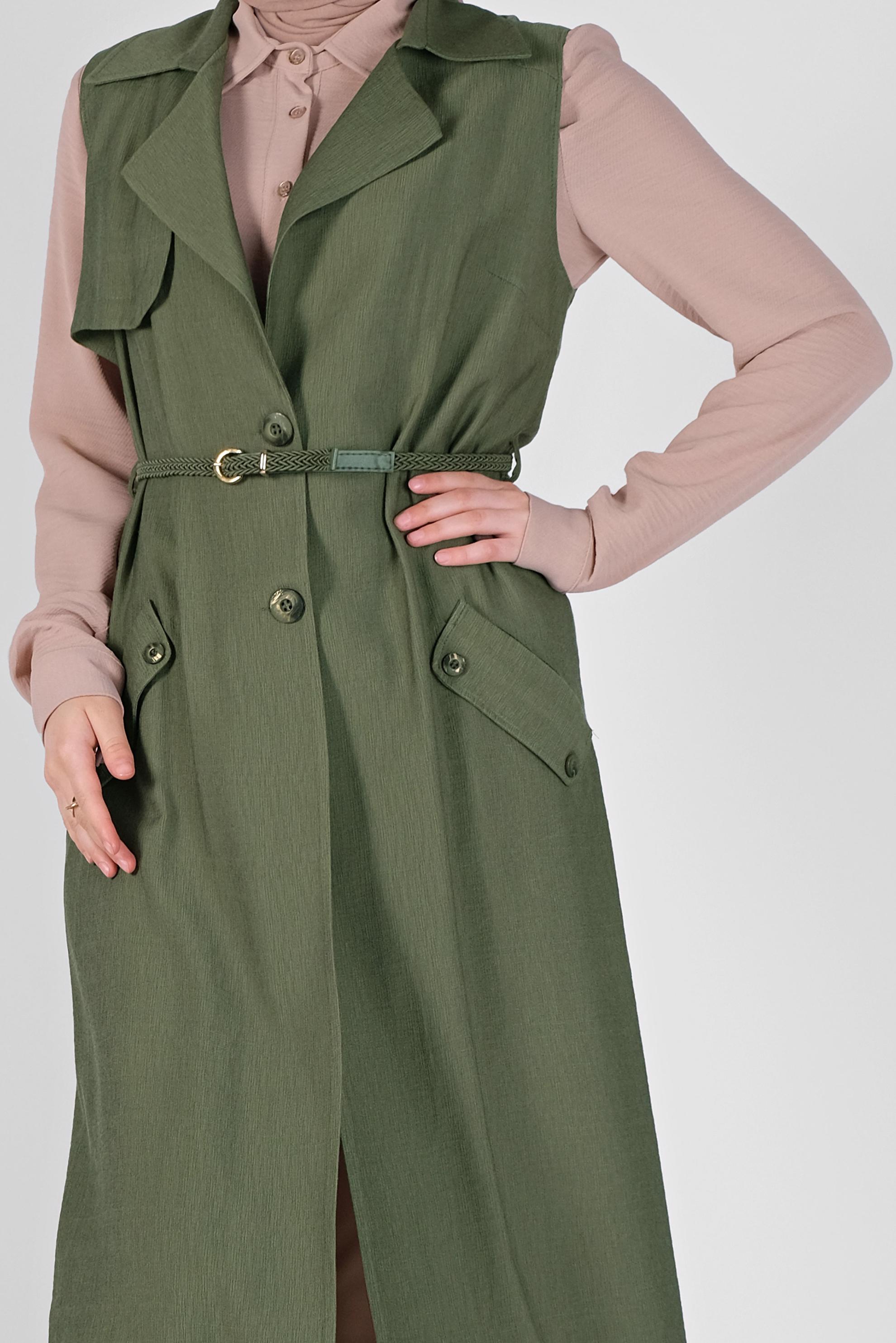 Tesettür giyim HAKİ KRUVAZE YAKA CEPLİ YELEK 41467