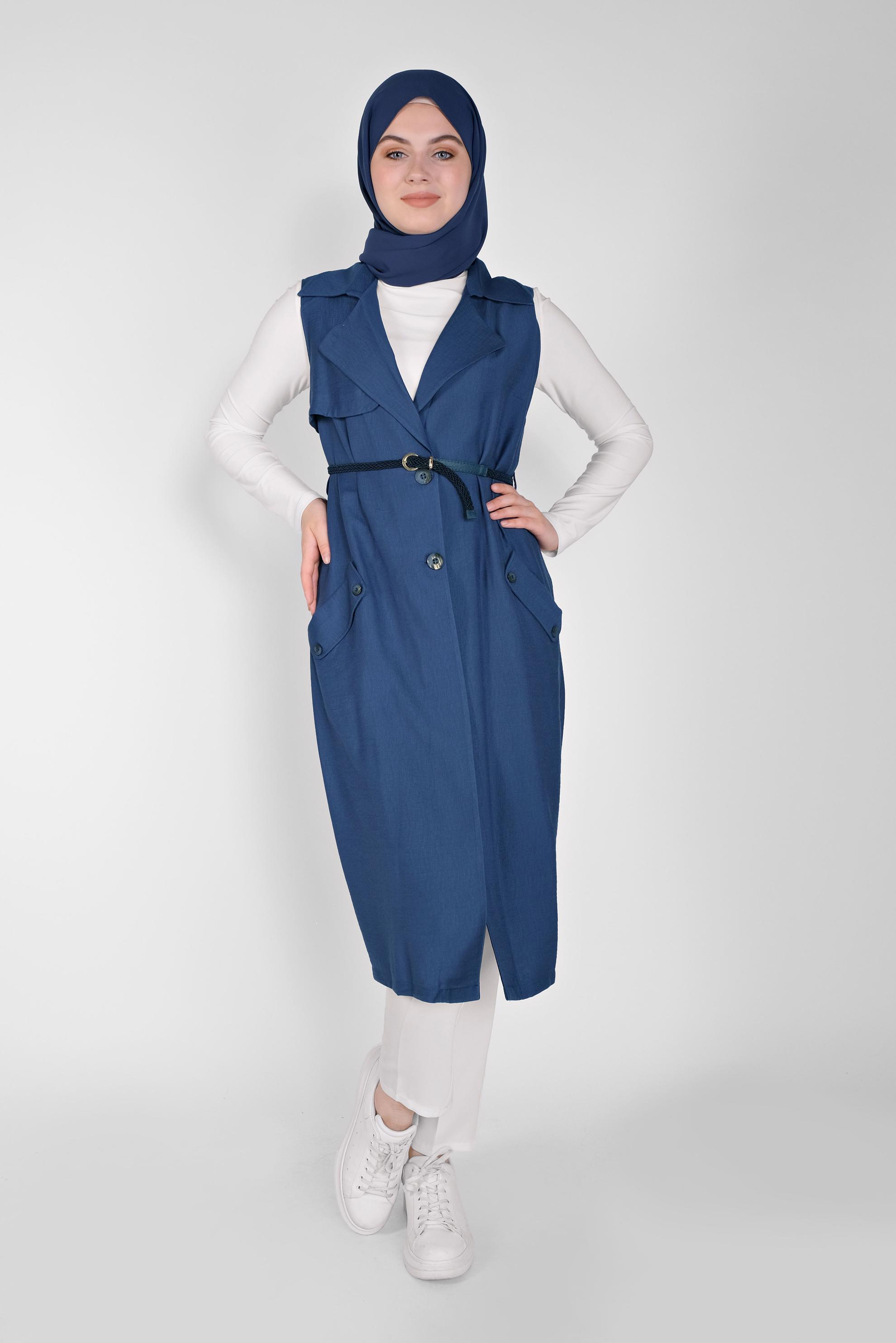 Tesettür giyim LACİVERT KRUVAZE YAKA CEPLİ YELEK 41467