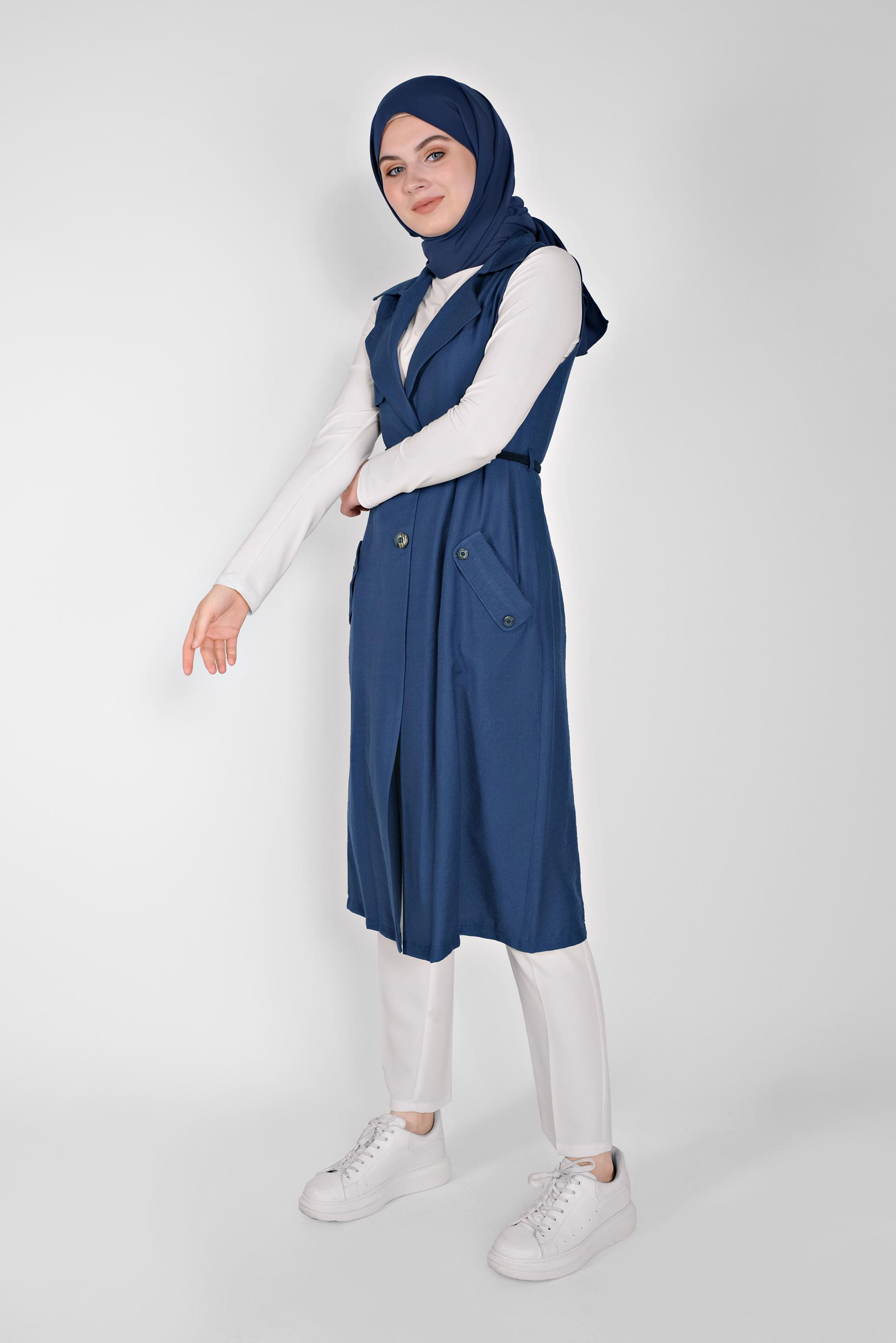 Tesettür giyim LACİVERT KRUVAZE YAKA CEPLİ YELEK 41467