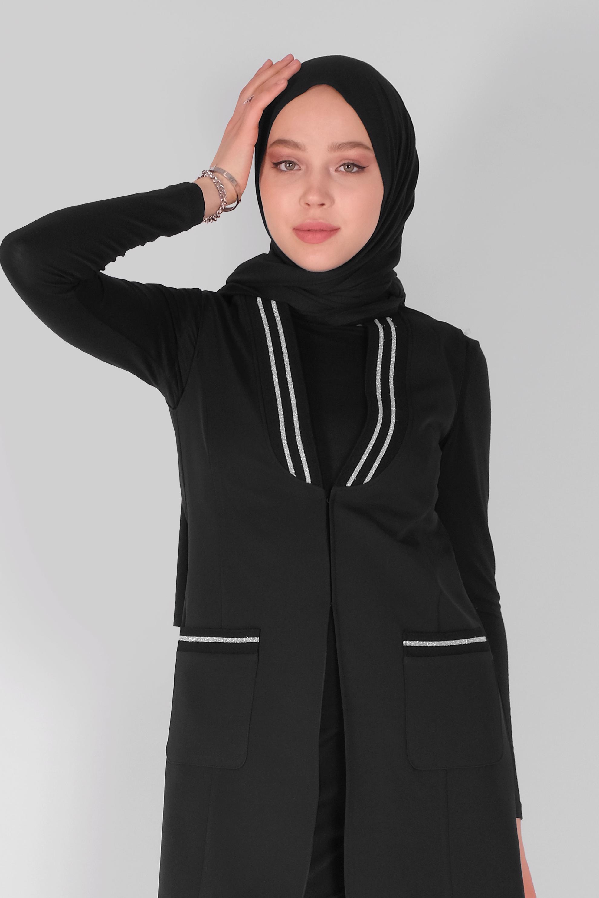 Tesettür giyim SİYAH SİMLİ LASTİK DETAYLI YELEK 41512 