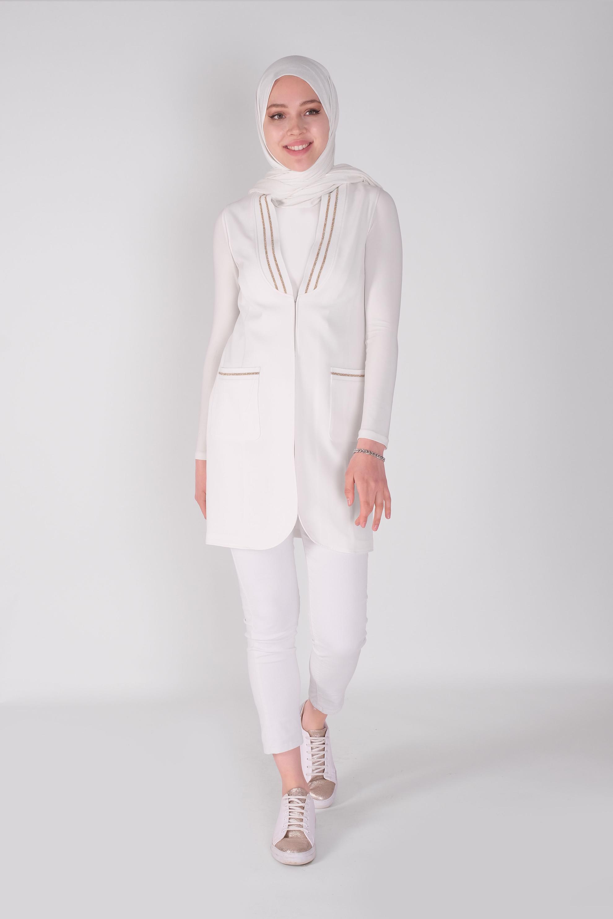 Tesettür giyim BEYAZ SİMLİ LASTİK DETAYLI YELEK 41512 