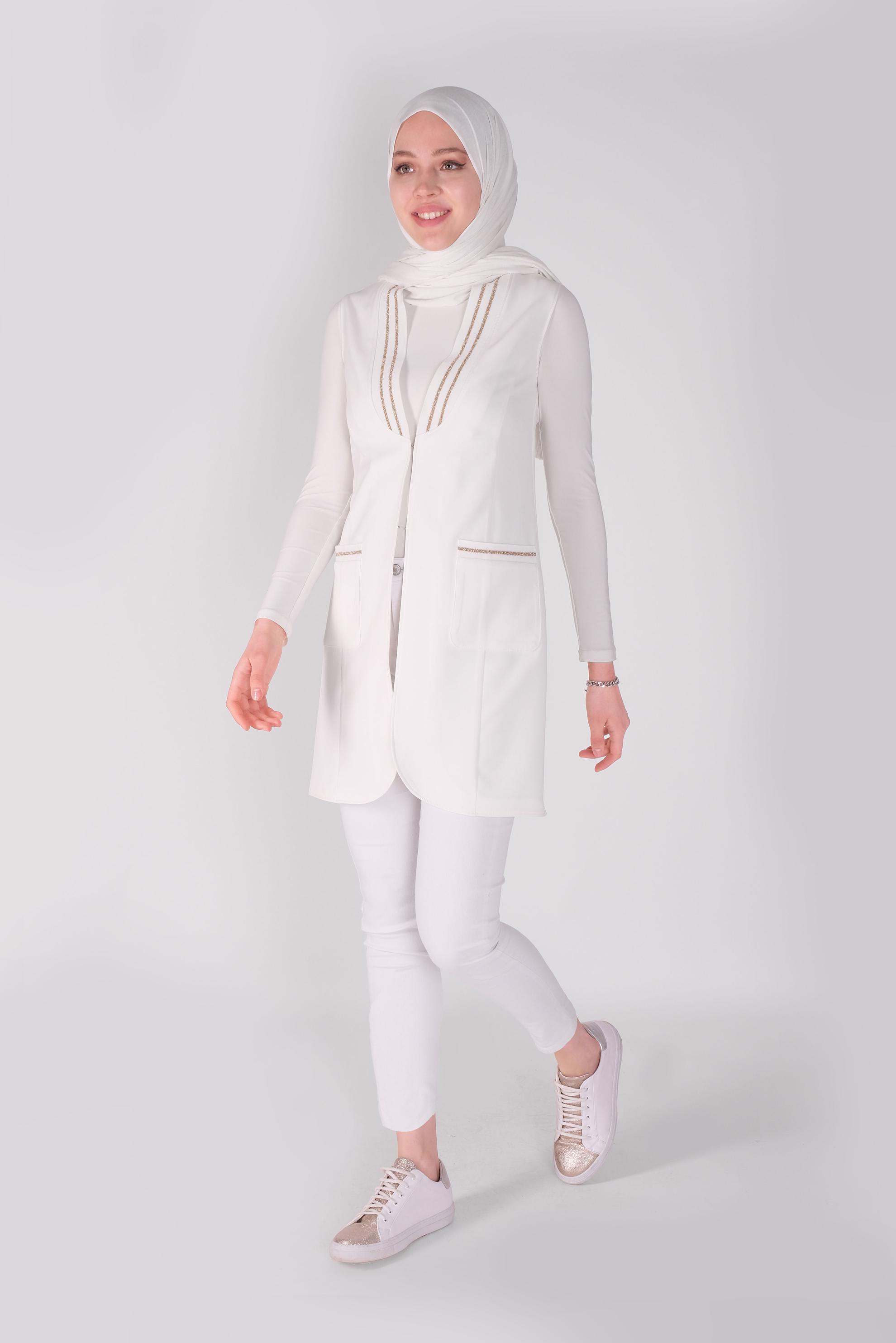 Tesettür giyim BEYAZ SİMLİ LASTİK DETAYLI YELEK 41512 