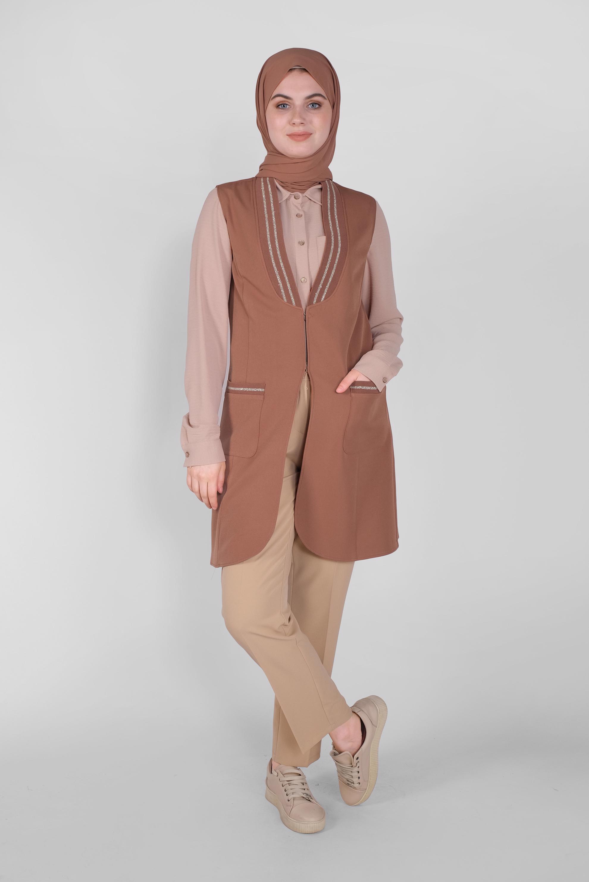 Tesettür giyim TABA SİMLİ LASTİK DETAYLI YELEK 41512 