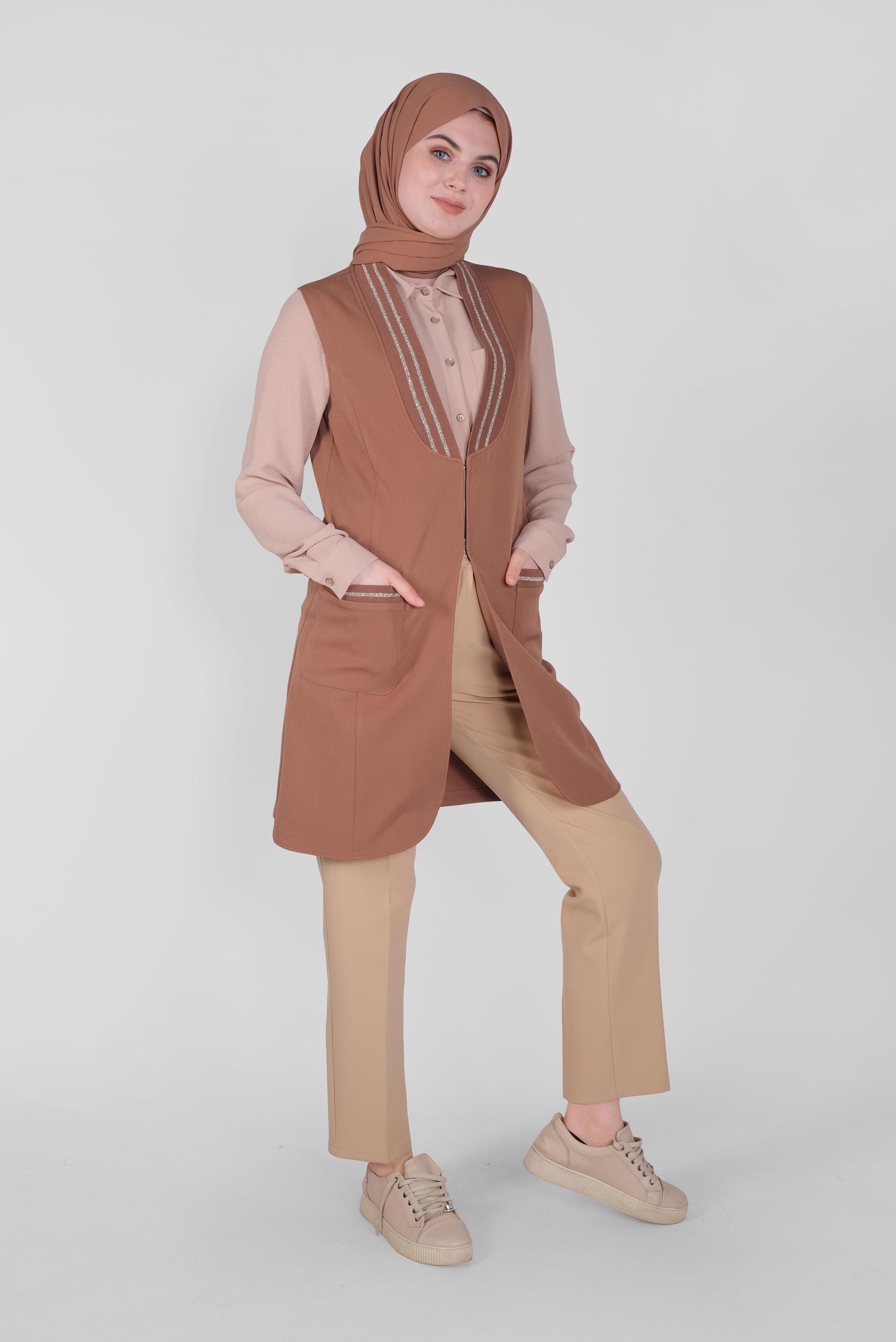 Tesettür giyim TABA SİMLİ LASTİK DETAYLI YELEK 41512 
