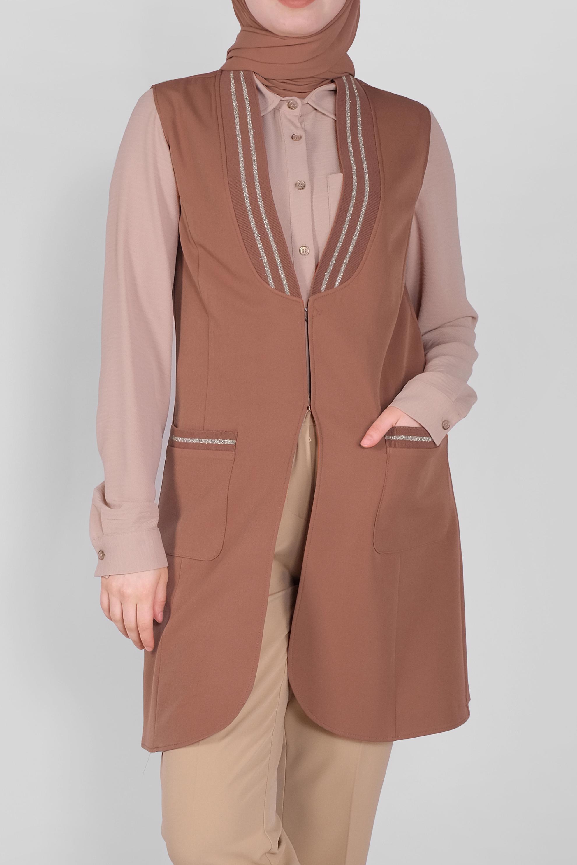 Tesettür giyim TABA SİMLİ LASTİK DETAYLI YELEK 41512 