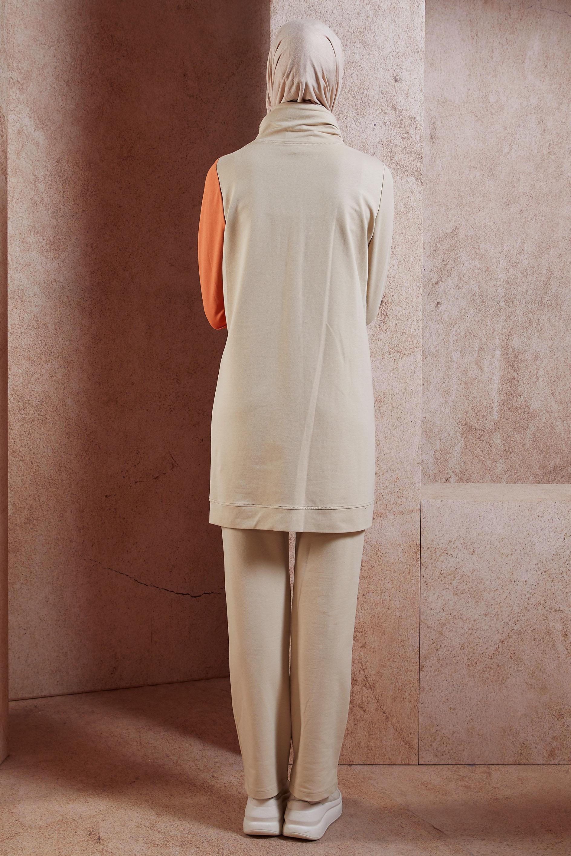 Tesettür giyim BEJ YAZI DETAYLI PANTOLONLU EŞOFMAN TAKIMI 42239