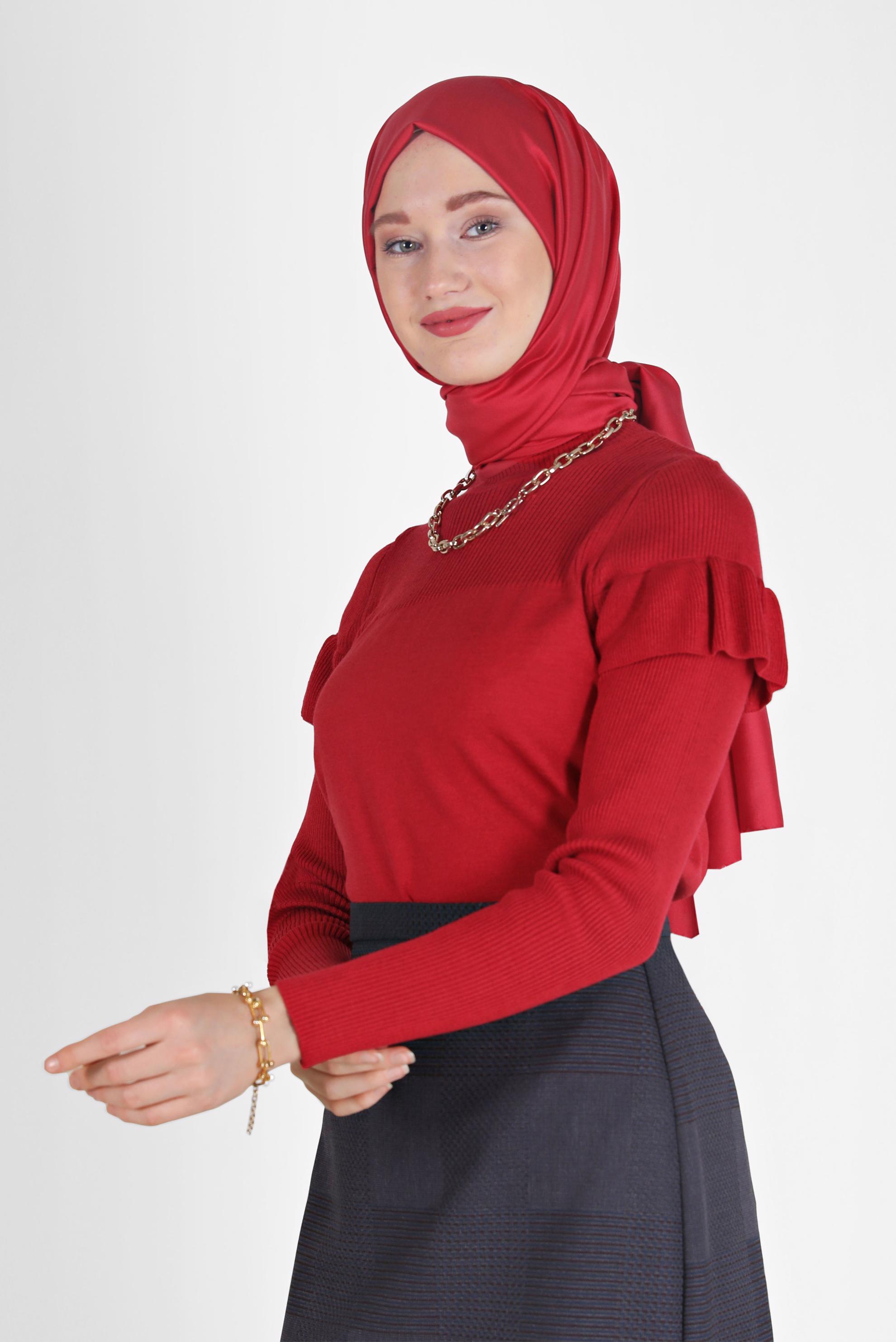 Tesettür giyim KIRMIZI KOLLARI VOLANLI TRİKO KAZAK 42075
