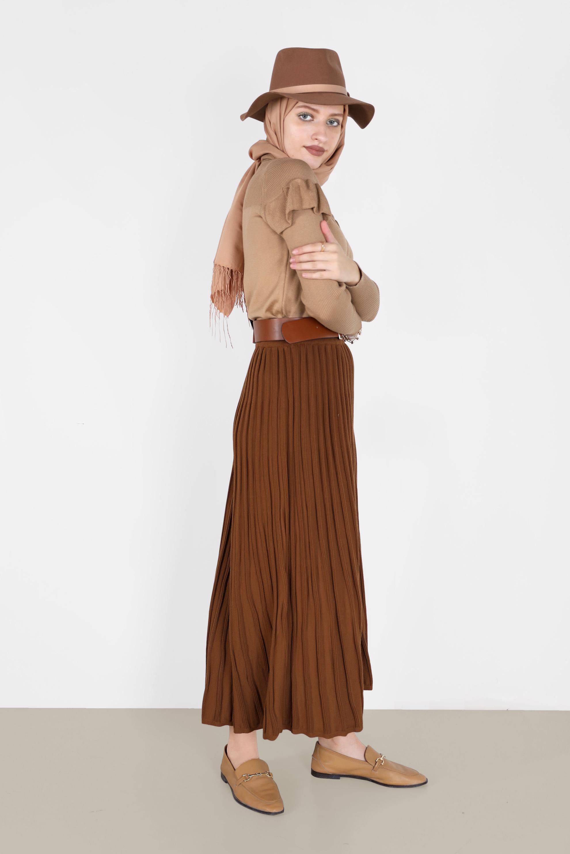 Tesettür giyim KAHVE KOLLARI VOLANLI TRİKO KAZAK 42075