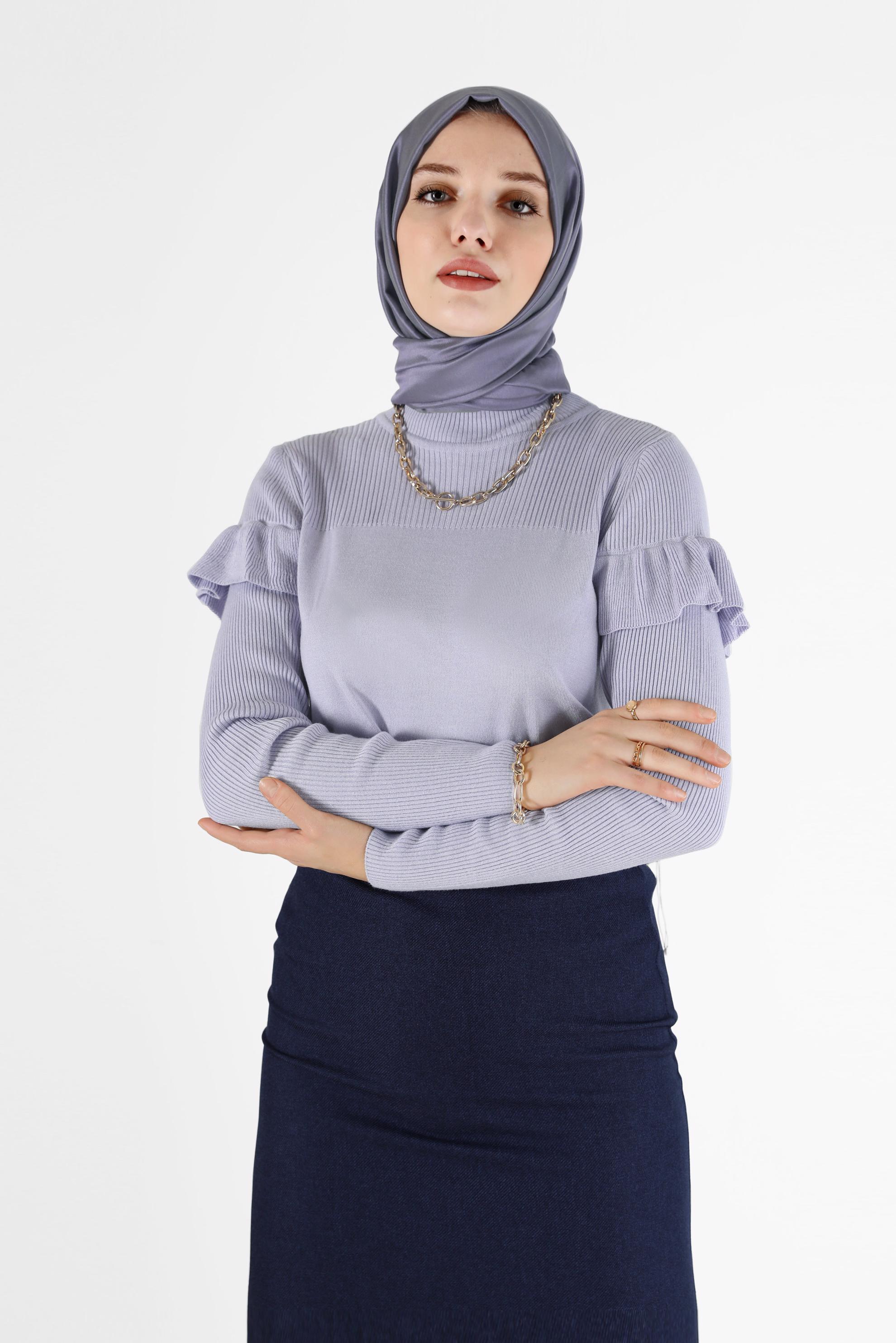 Tesettür giyim MOR KOLLARI VOLANLI TRİKO KAZAK 42075