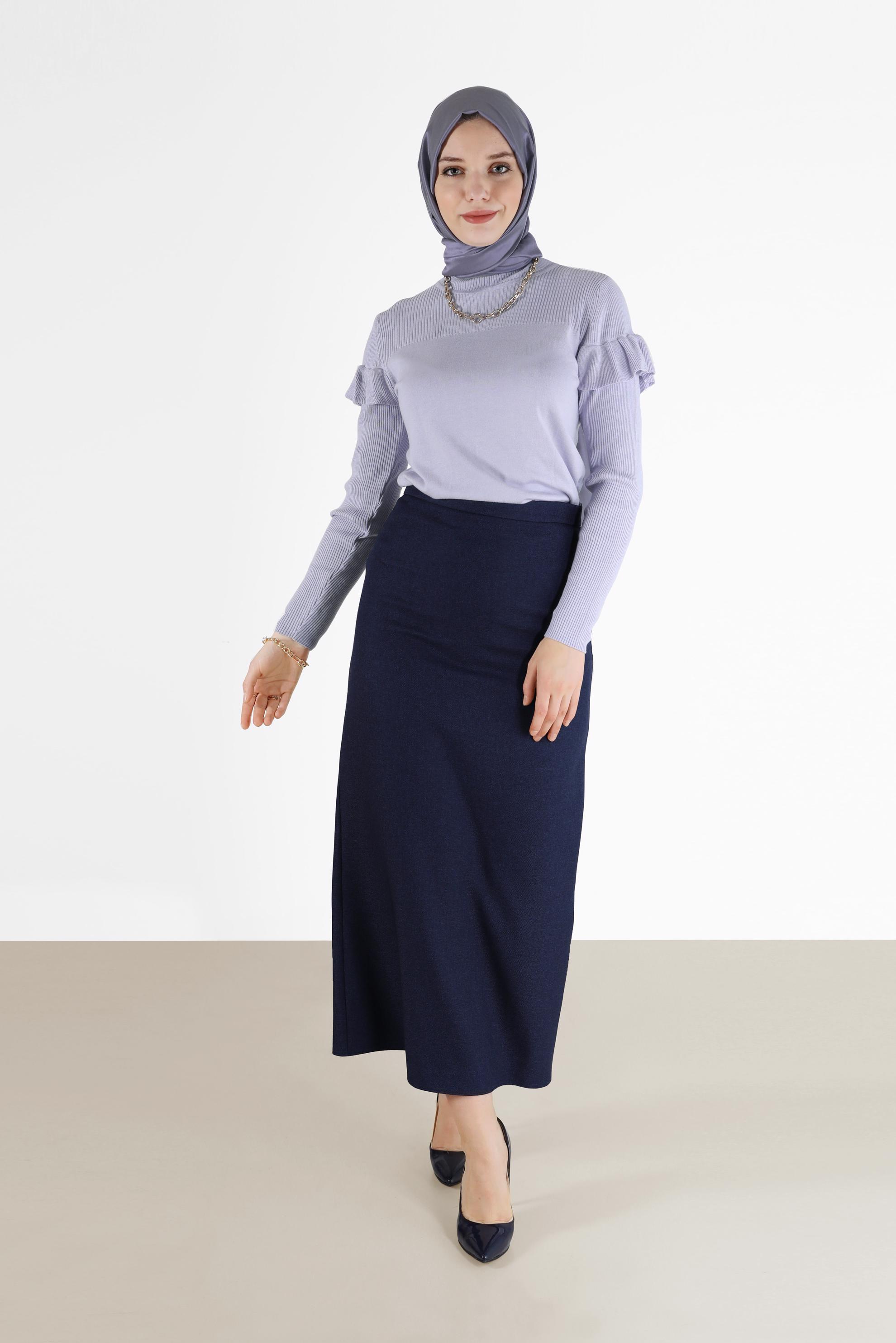 Tesettür giyim MOR KOLLARI VOLANLI TRİKO KAZAK 42075