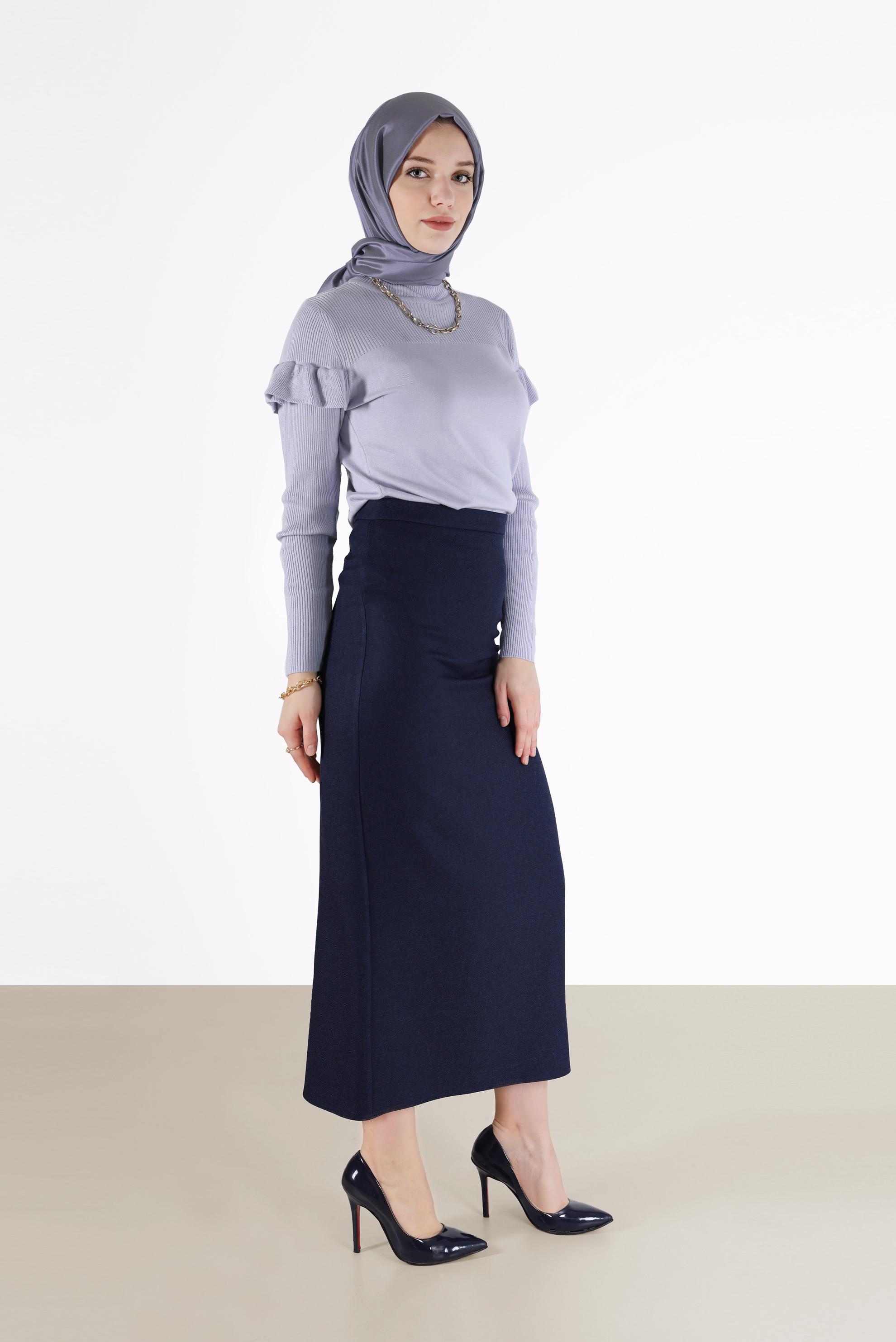 Tesettür giyim MOR KOLLARI VOLANLI TRİKO KAZAK 42075