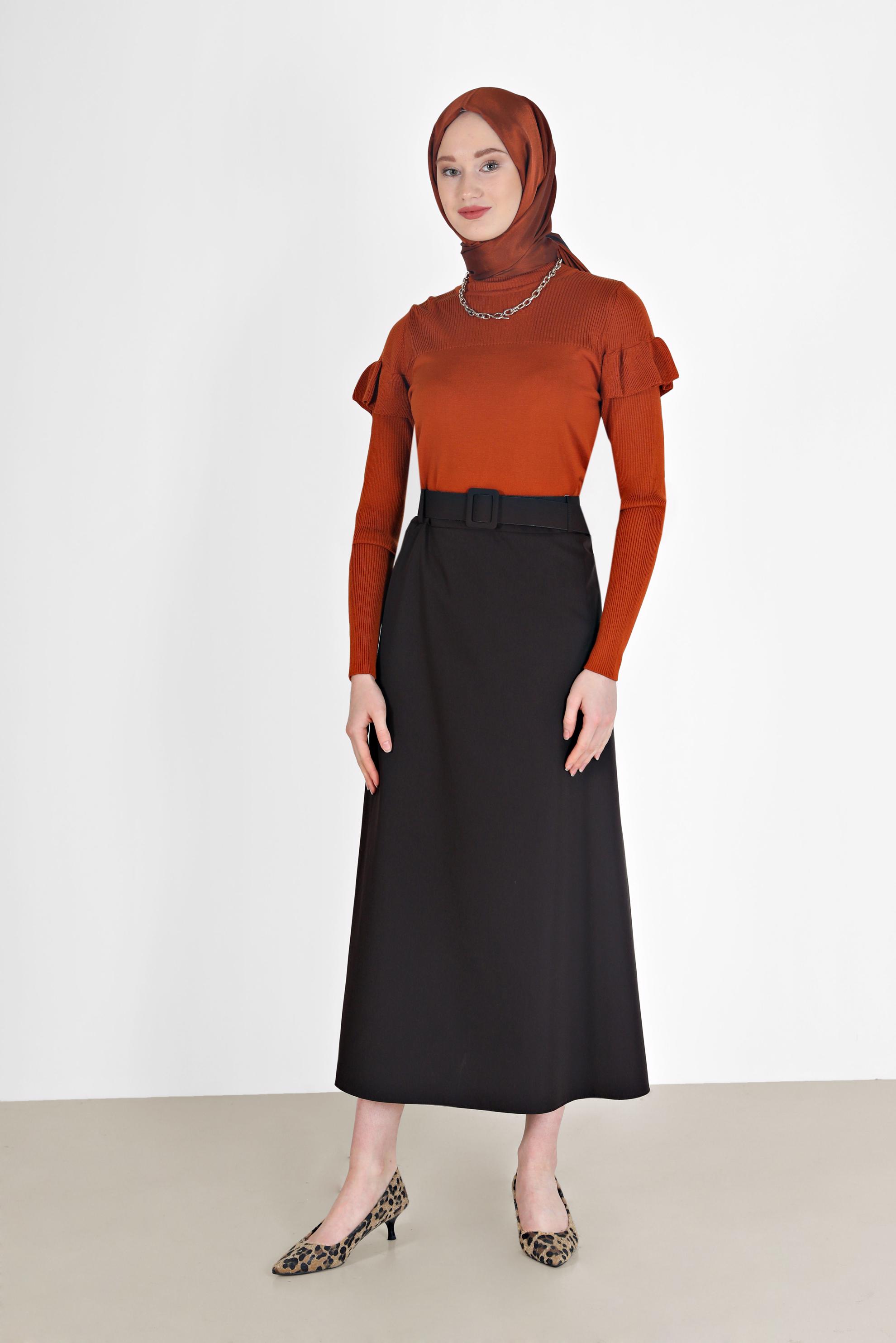 Tesettür giyim TURUNCU KOLLARI VOLANLI TRİKO KAZAK 42075