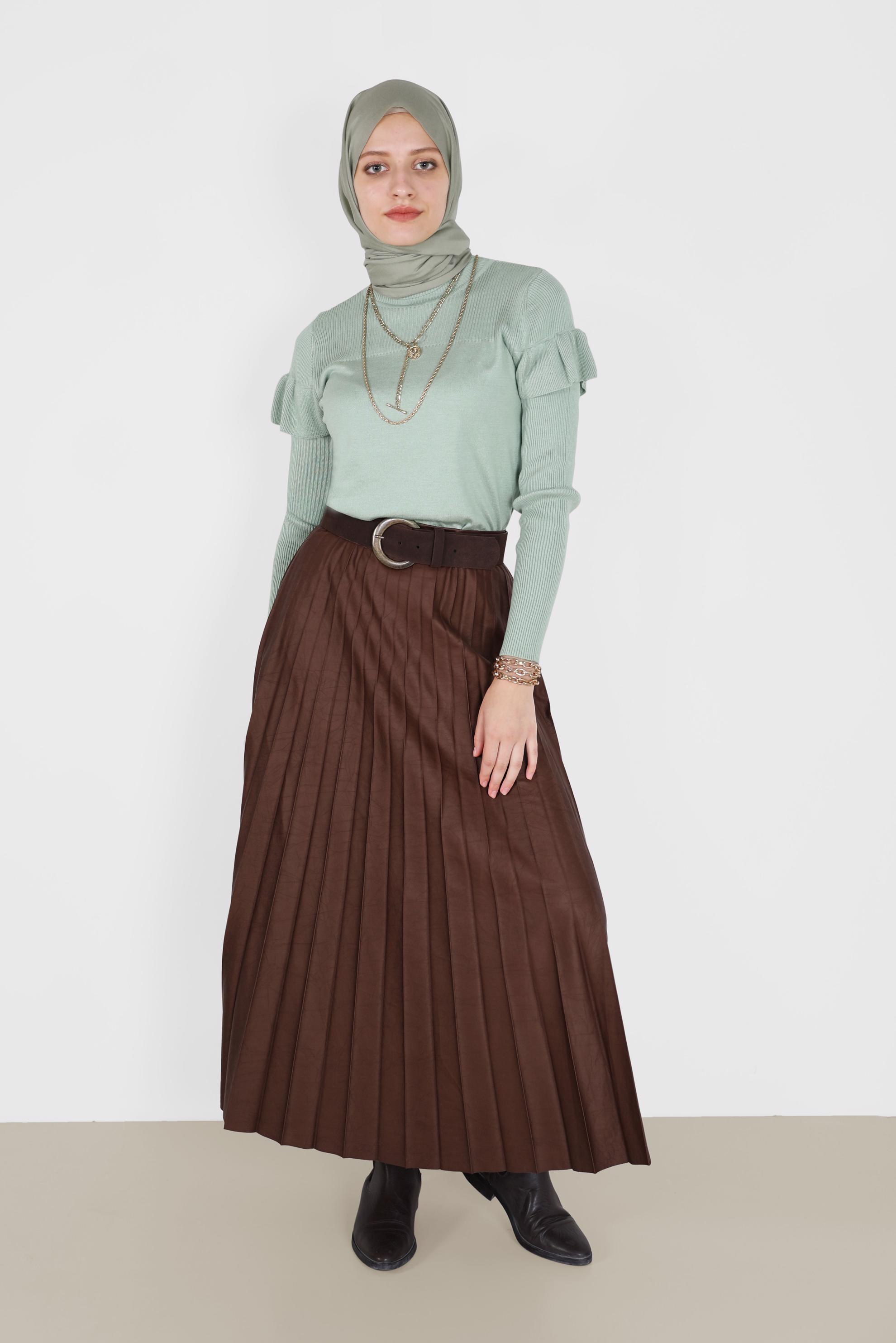 Tesettür giyim YEŞİL KOLLARI VOLANLI TRİKO KAZAK 42075