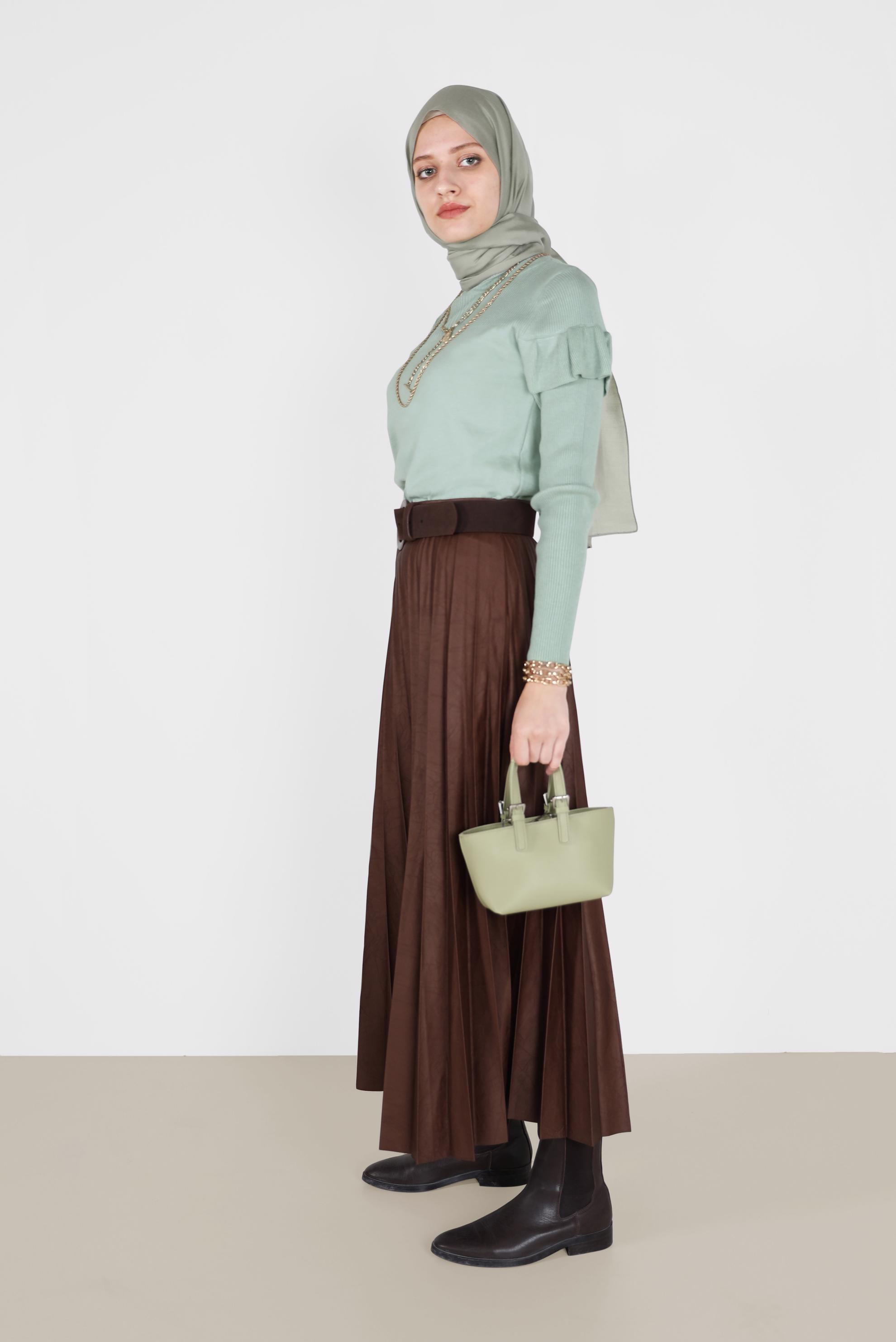 Tesettür giyim YEŞİL KOLLARI VOLANLI TRİKO KAZAK 42075