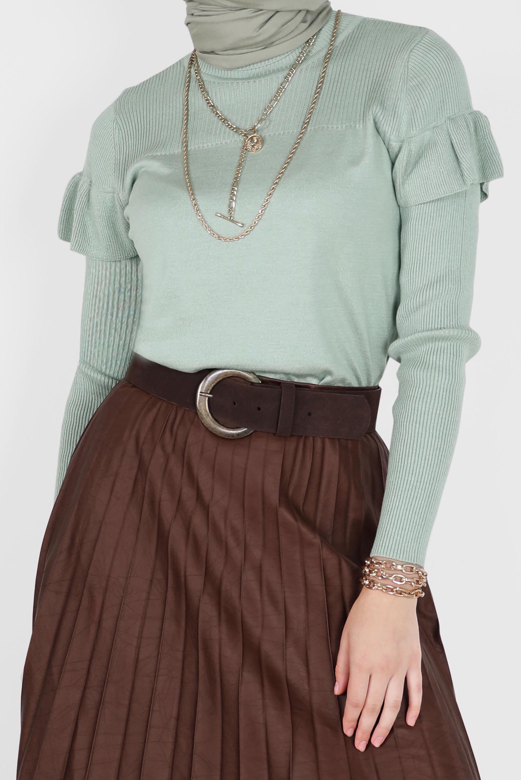 Tesettür giyim YEŞİL KOLLARI VOLANLI TRİKO KAZAK 42075