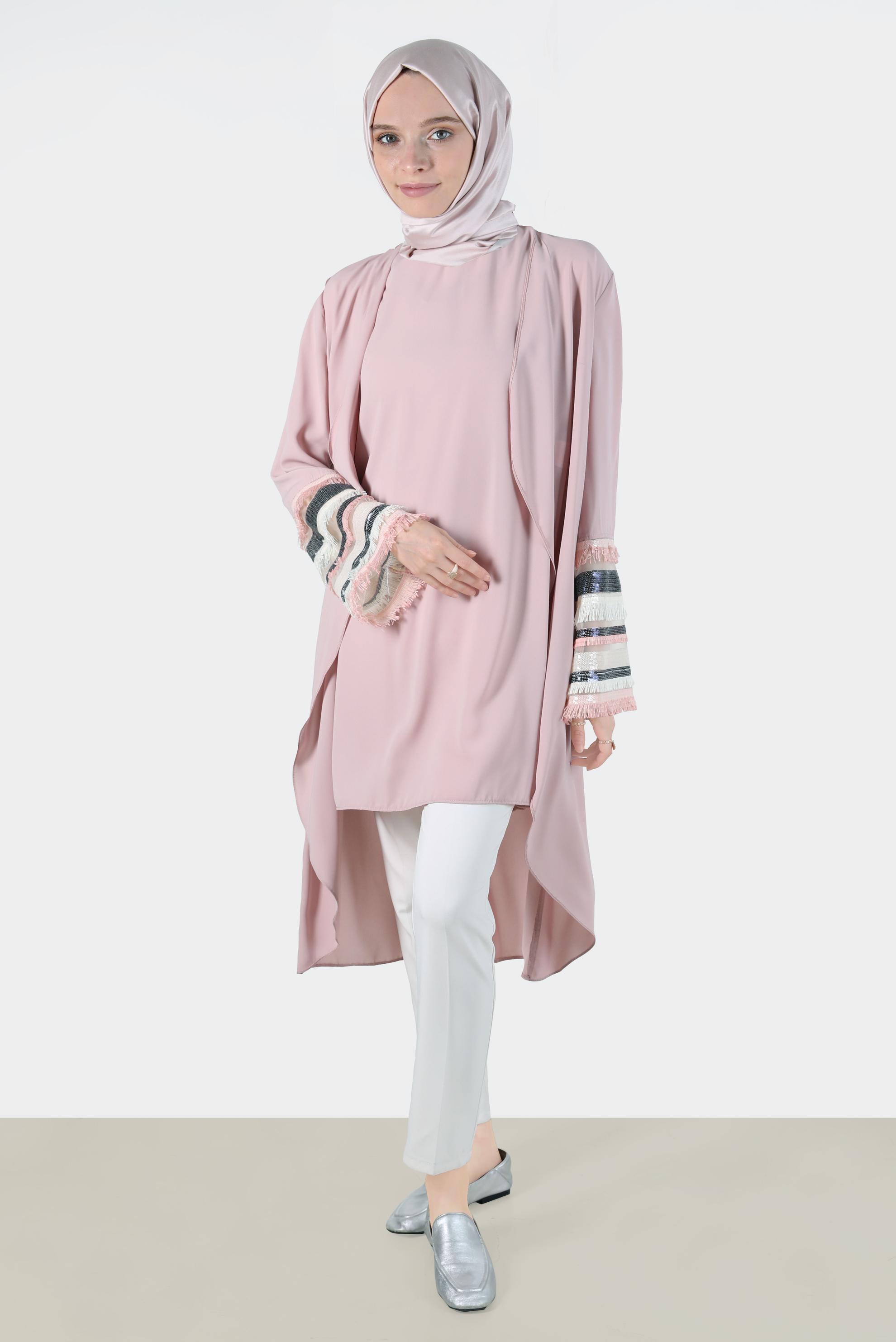Tesettür giyim PUDRA MANŞETLERİ VE SIRTI PÜSKÜL DETAYLI İKİLİ TUNİK 42810 