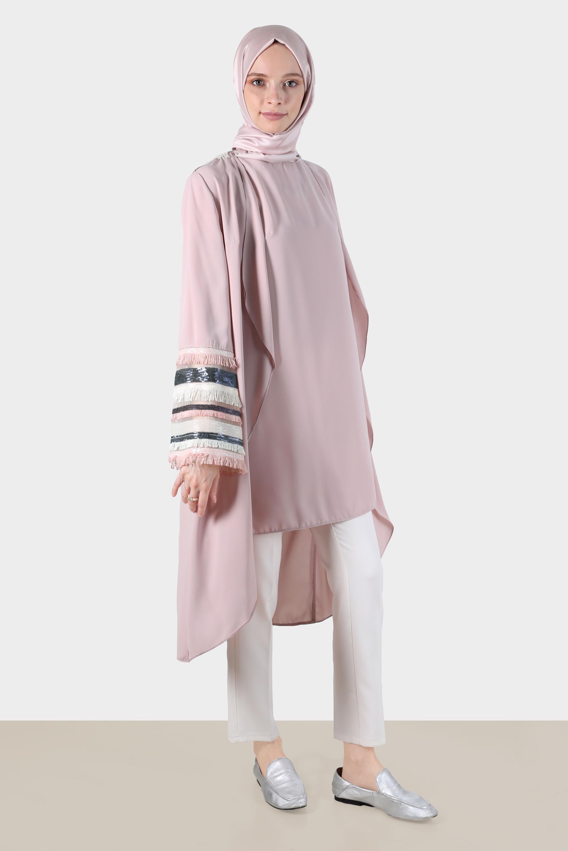 Tesettür giyim PUDRA MANŞETLERİ VE SIRTI PÜSKÜL DETAYLI İKİLİ TUNİK 42810 