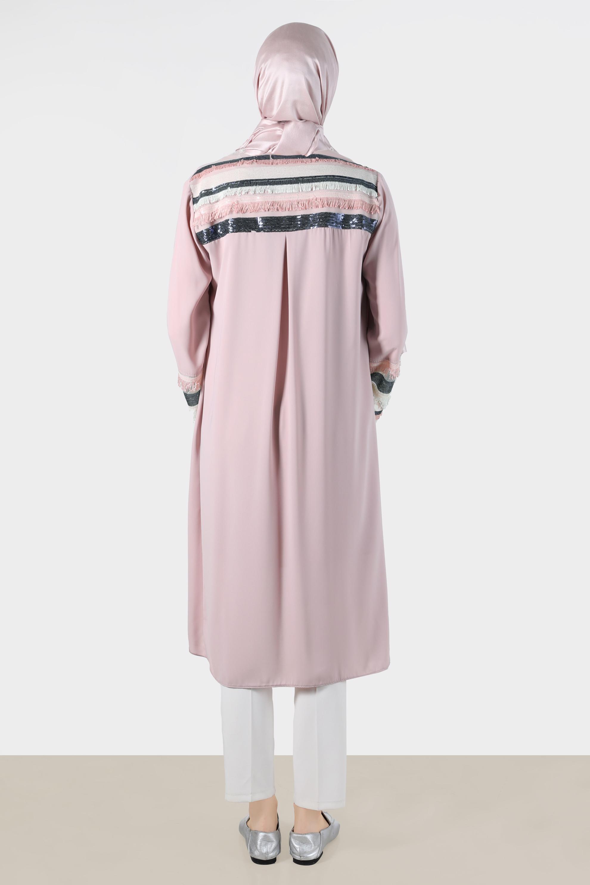 Tesettür giyim PUDRA MANŞETLERİ VE SIRTI PÜSKÜL DETAYLI İKİLİ TUNİK 42810 
