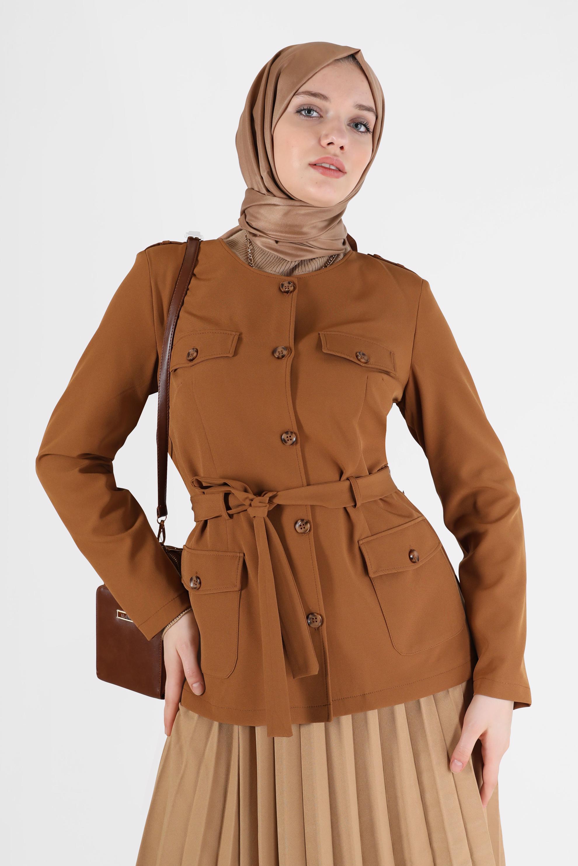 Tesettür giyim SARI YUVARLAK YAKA KUŞAKLI CEKET 40762	