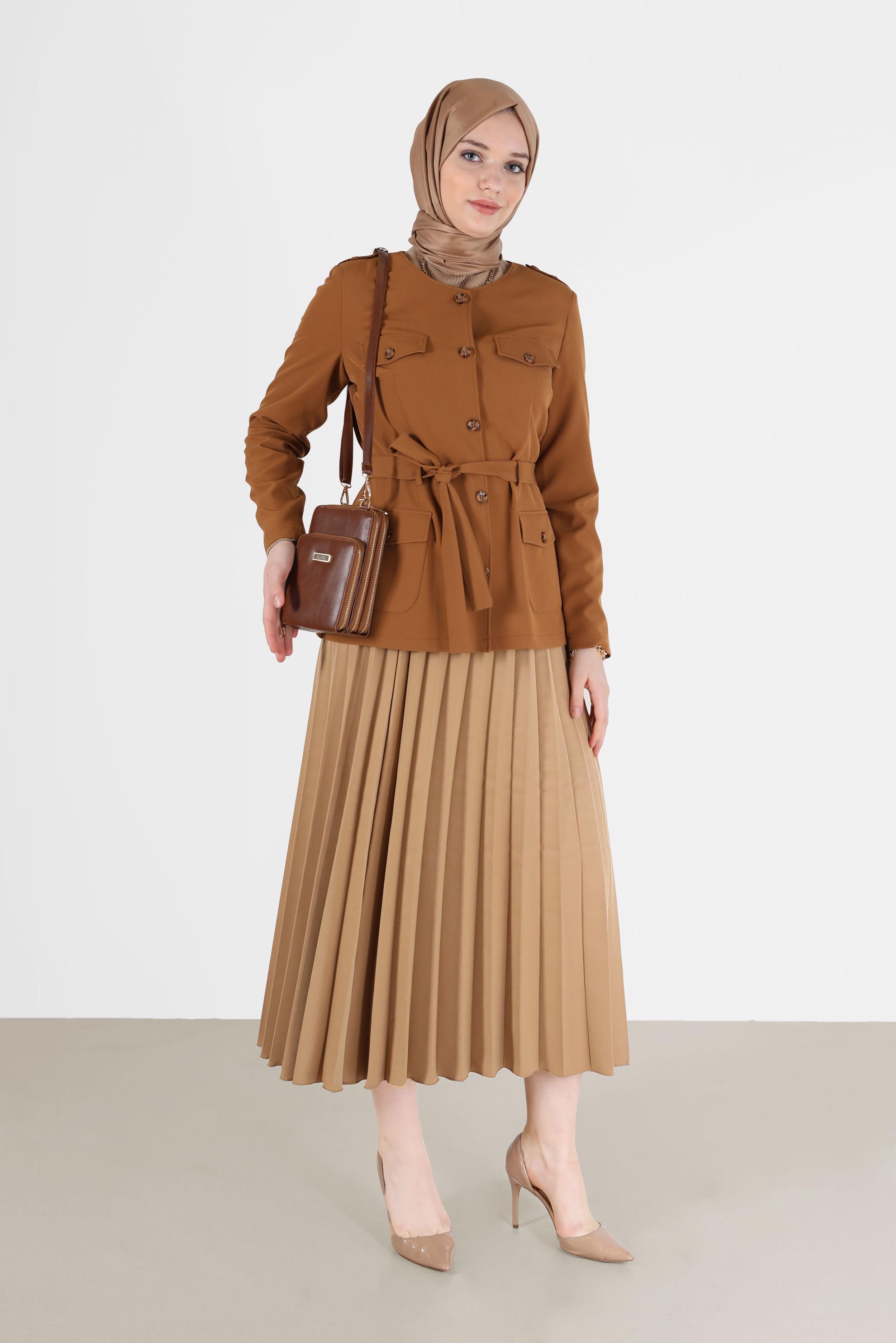 Tesettür giyim SARI YUVARLAK YAKA KUŞAKLI CEKET 40762	