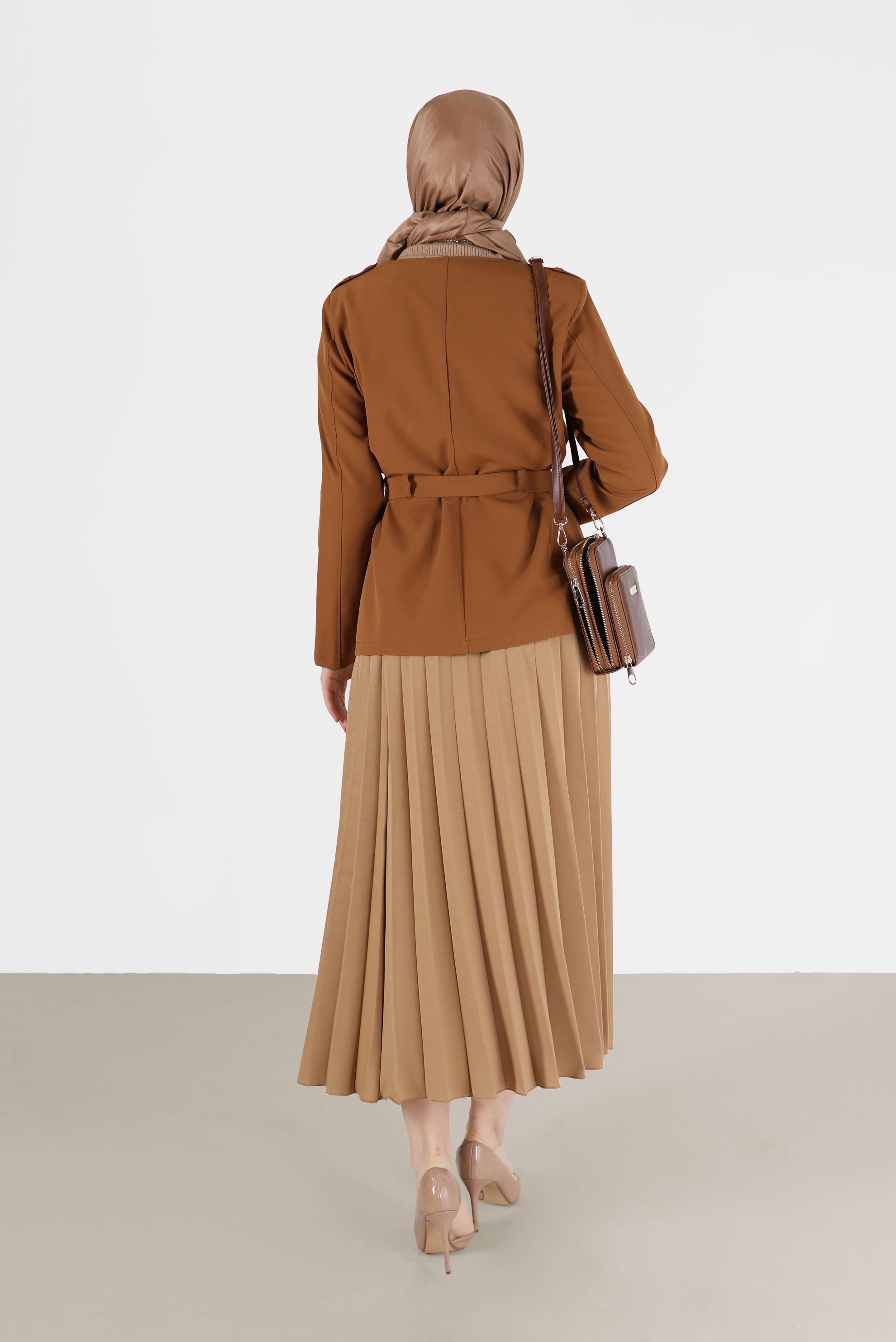 Tesettür giyim SARI YUVARLAK YAKA KUŞAKLI CEKET 40762	