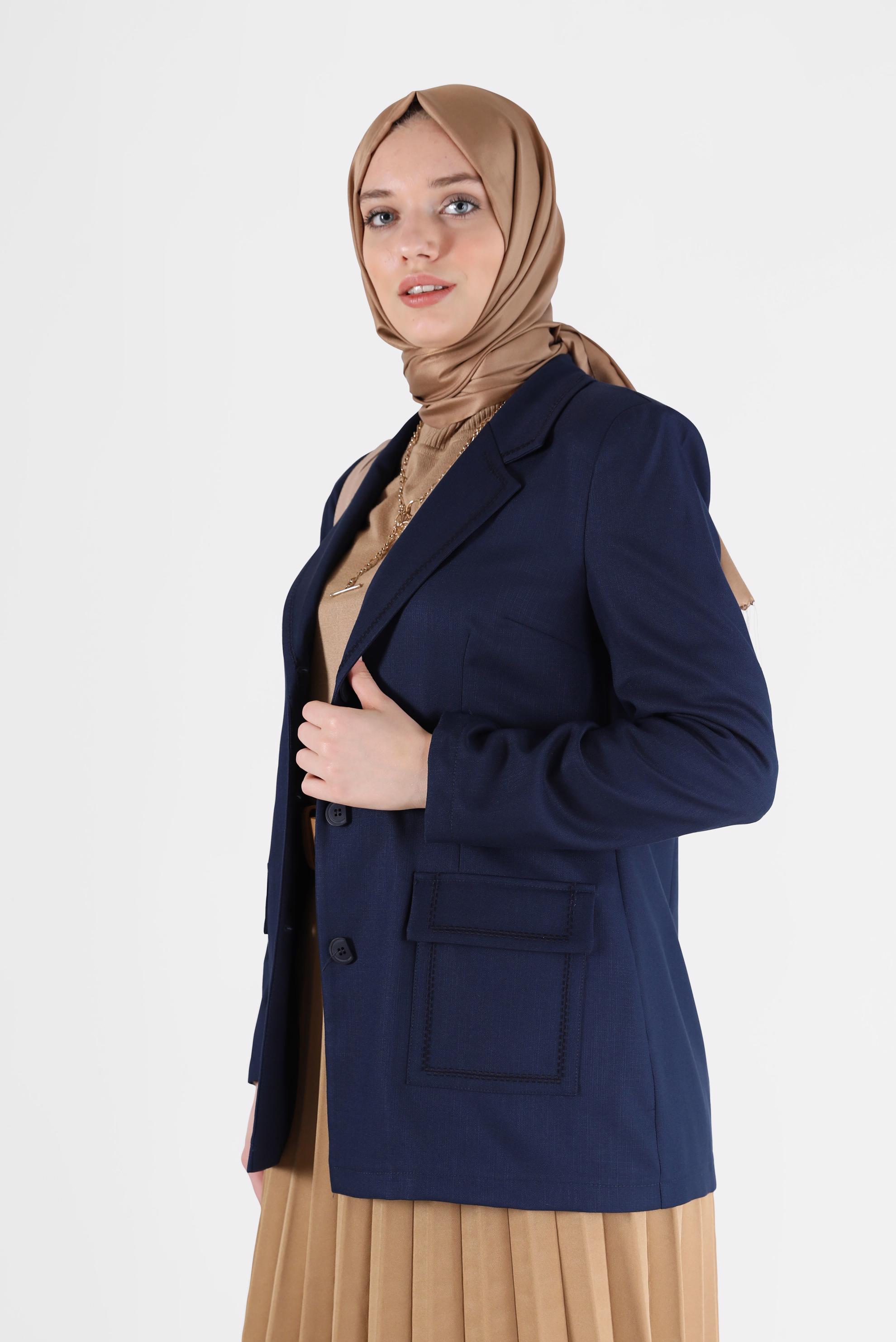 Tesettür giyim LACİVERT KRUVAZE YAKA CEPLİ CEKET 41448	