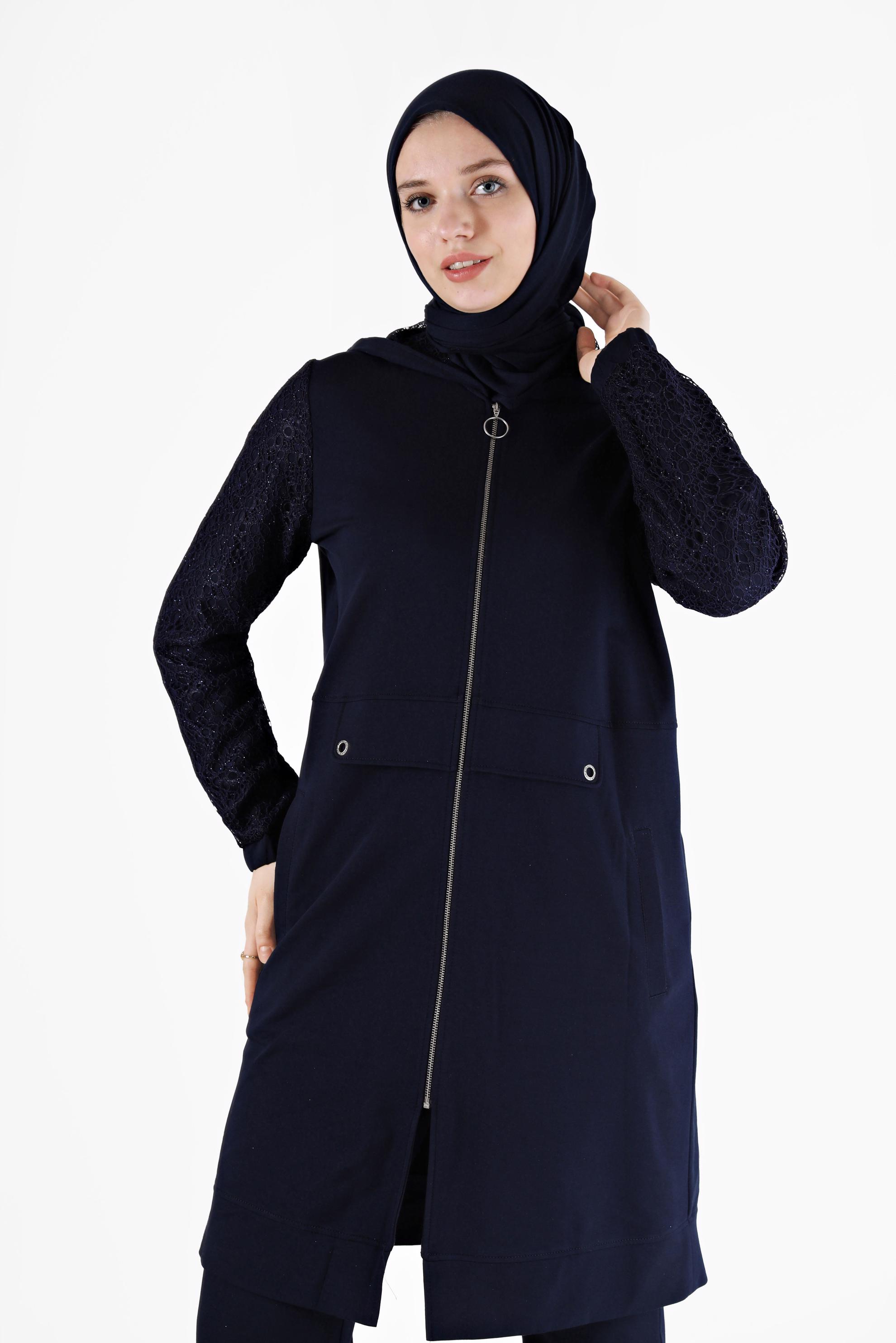 Hijab clothing NAVY BLUE GUIPURE DETAIL 2-PIECE TRACKSUIT SET WITH PANTS 41436 