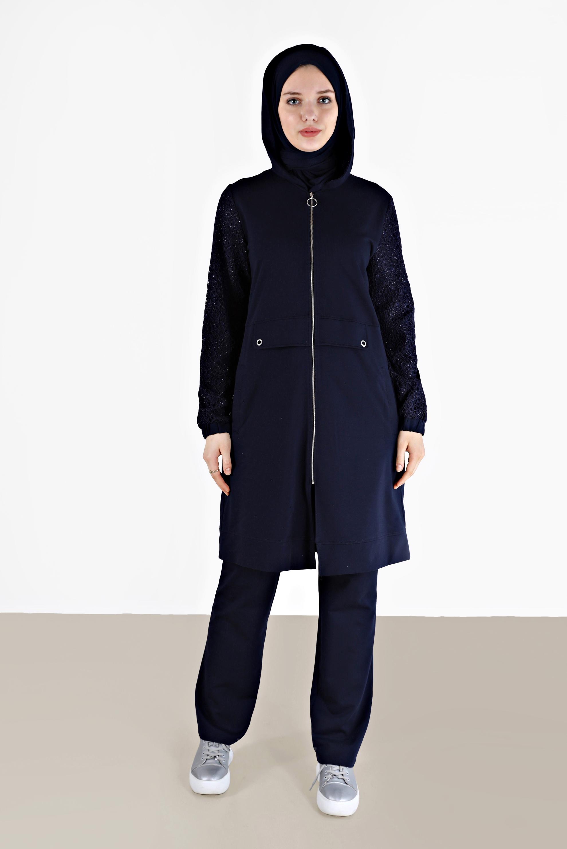Hijab clothing NAVY BLUE GUIPURE DETAIL 2-PIECE TRACKSUIT SET WITH PANTS 41436 