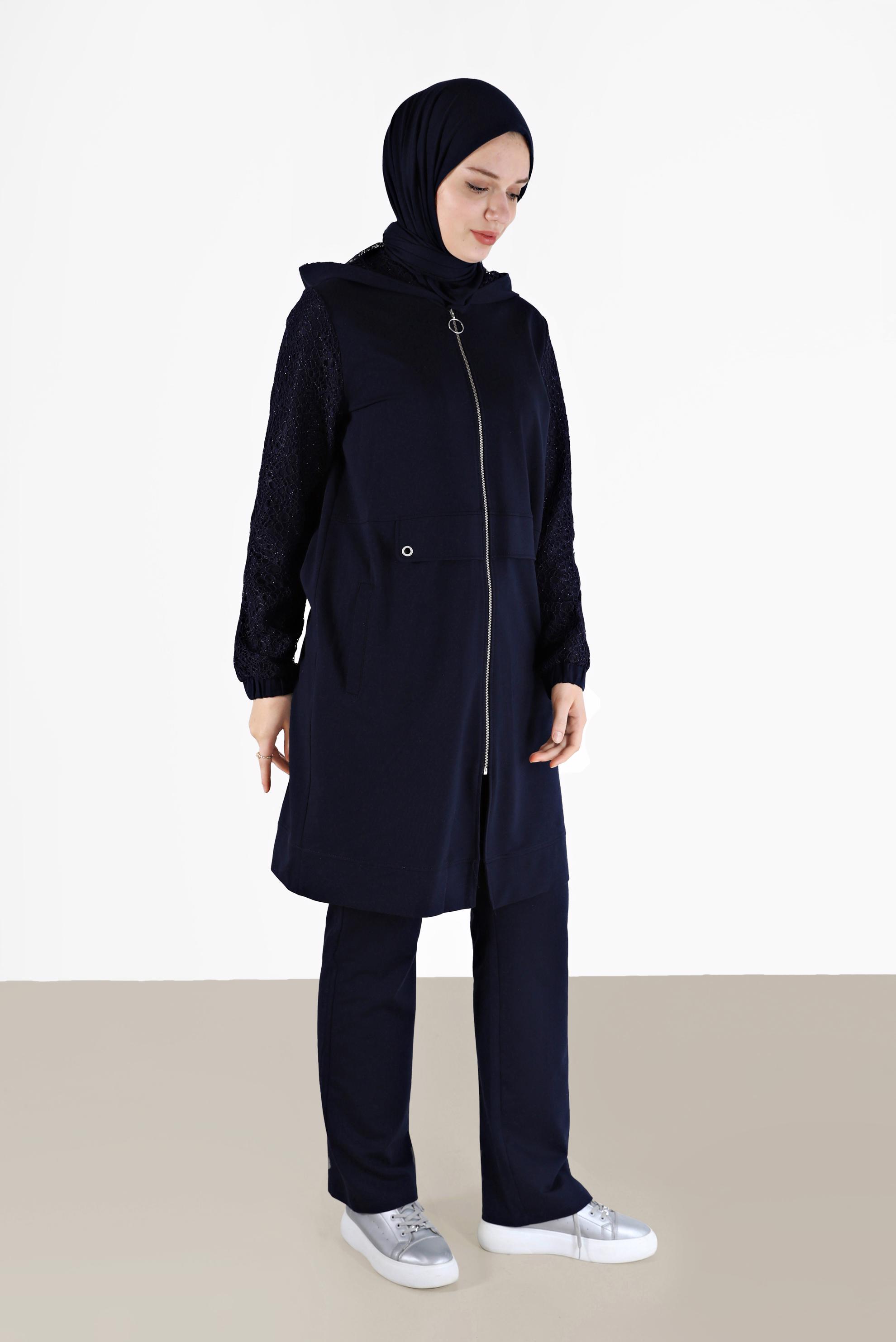 Hijab clothing NAVY BLUE GUIPURE DETAIL 2-PIECE TRACKSUIT SET WITH PANTS 41436 