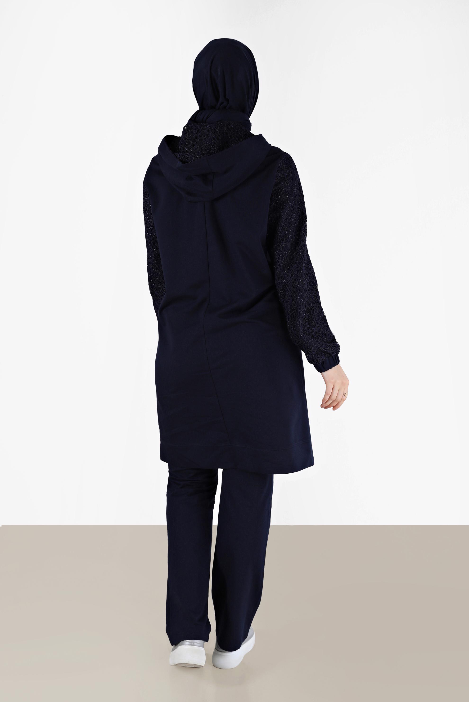 Hijab clothing NAVY BLUE GUIPURE DETAIL 2-PIECE TRACKSUIT SET WITH PANTS 41436 