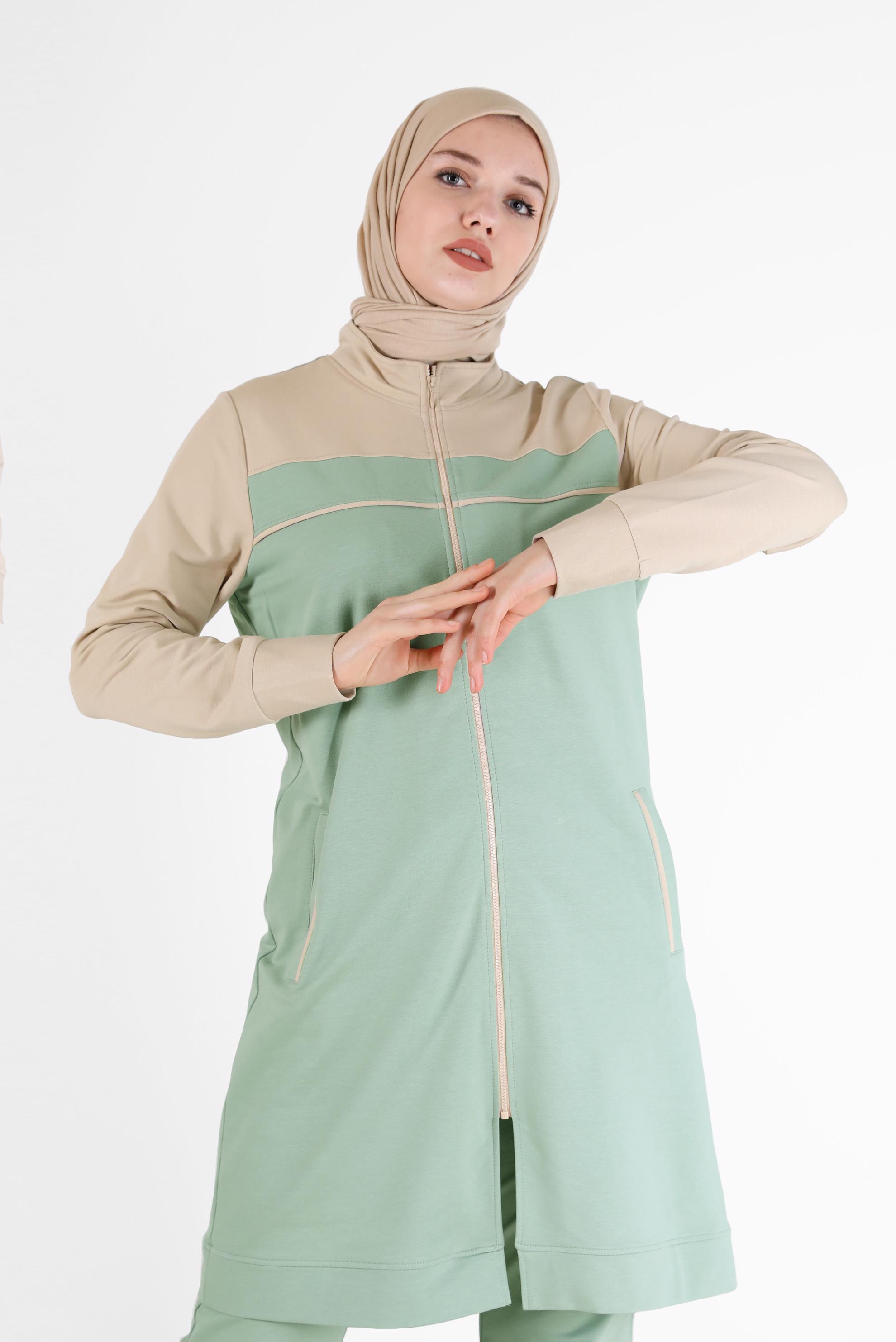 Hijab clothing GREEN ZIPPERED 2-COLOR TRACKSUIT SET 41677 