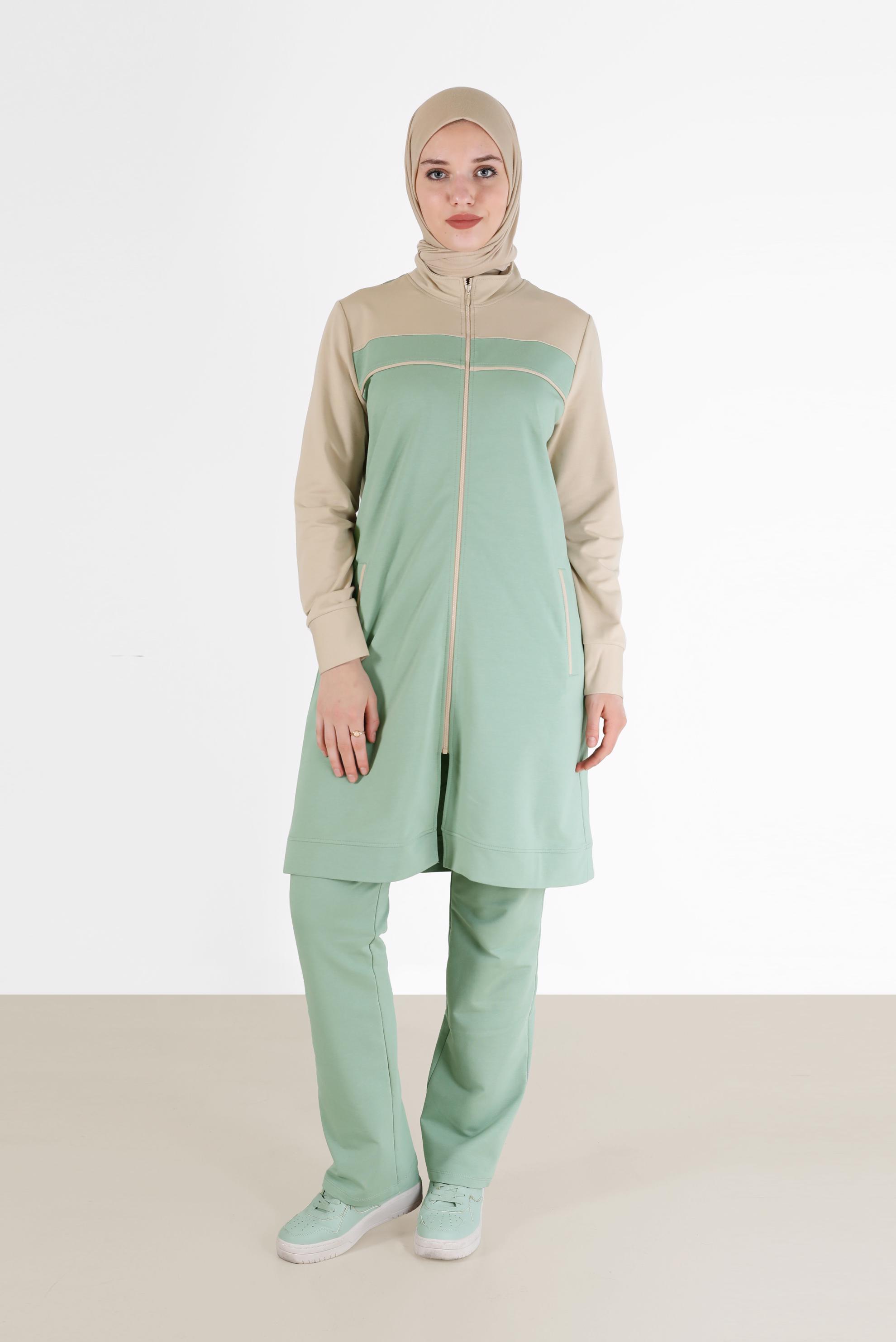 Hijab clothing GREEN ZIPPERED 2-COLOR TRACKSUIT SET 41677 