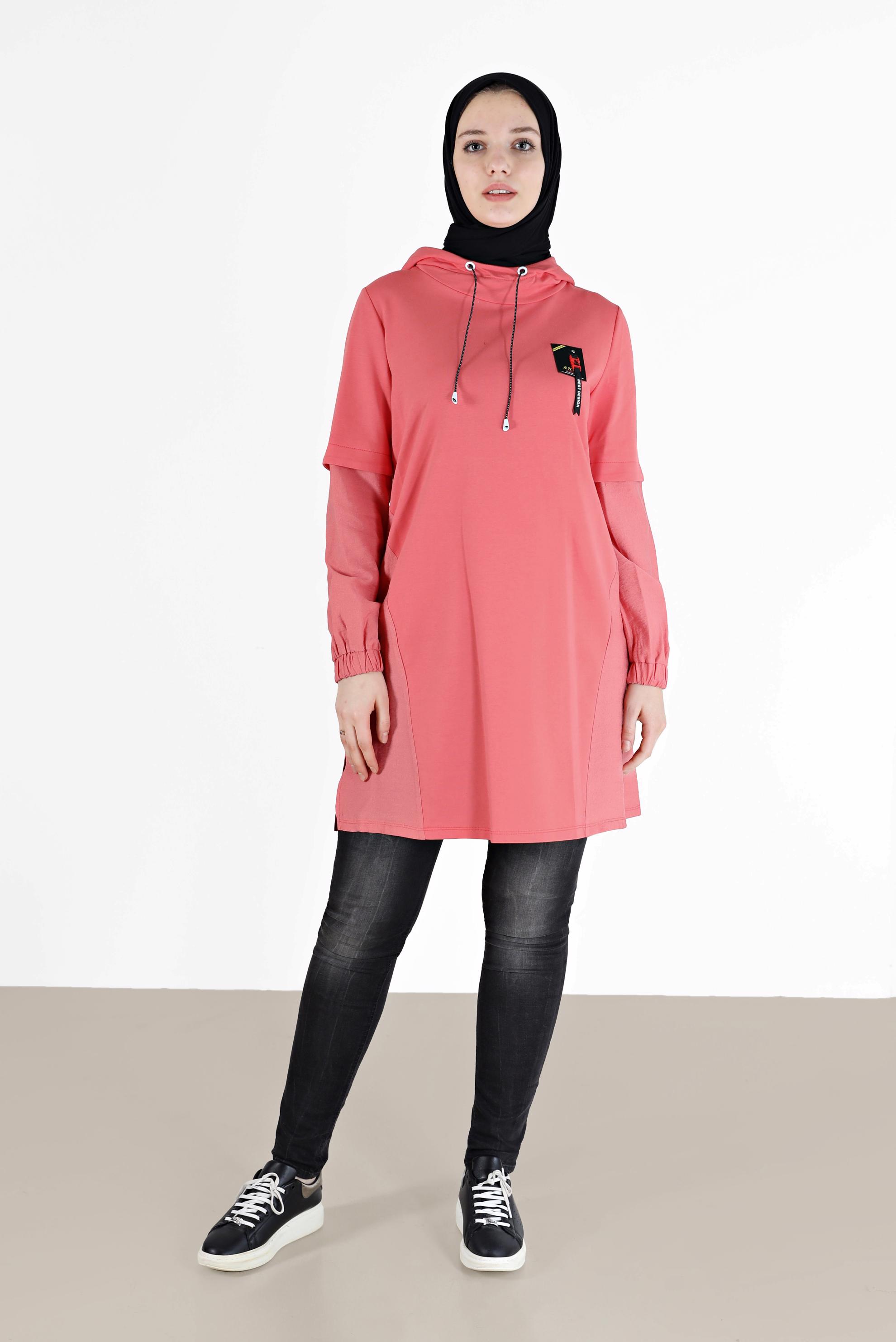 Tesettür giyim MERCAN MANŞETLERİ LASTİKLİ KAPÜŞONLU TUNİK 41683