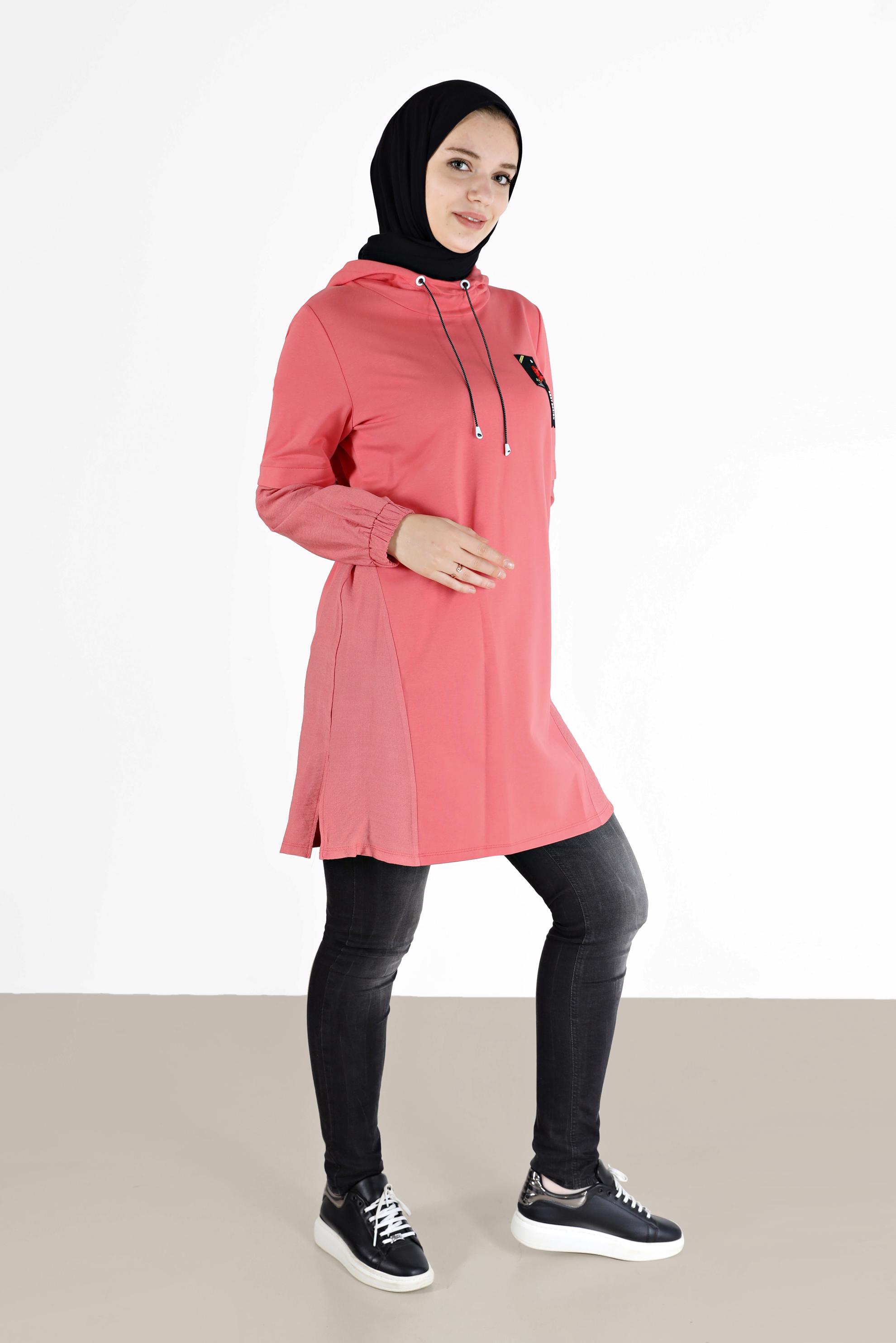 Tesettür giyim MERCAN MANŞETLERİ LASTİKLİ KAPÜŞONLU TUNİK 41683