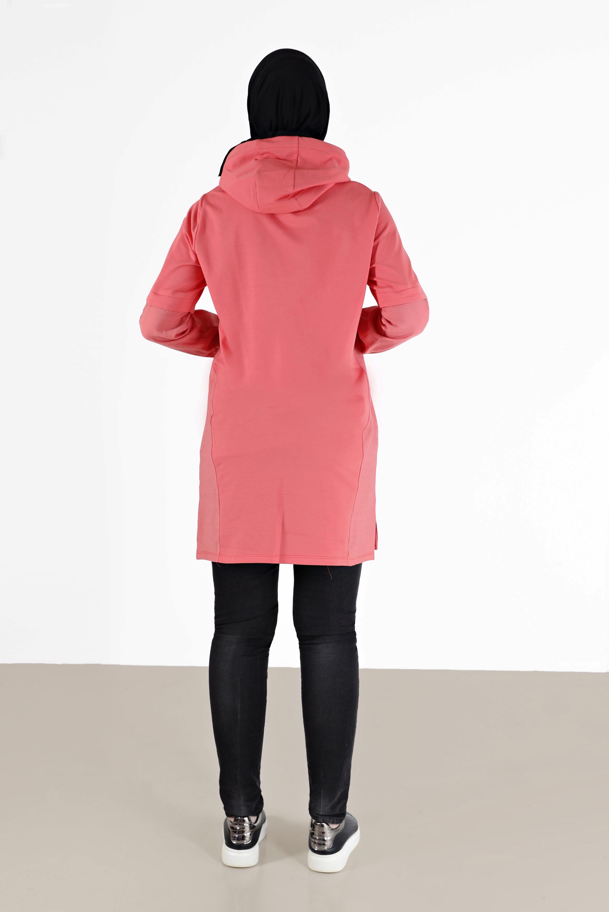 Tesettür giyim MERCAN MANŞETLERİ LASTİKLİ KAPÜŞONLU TUNİK 41683